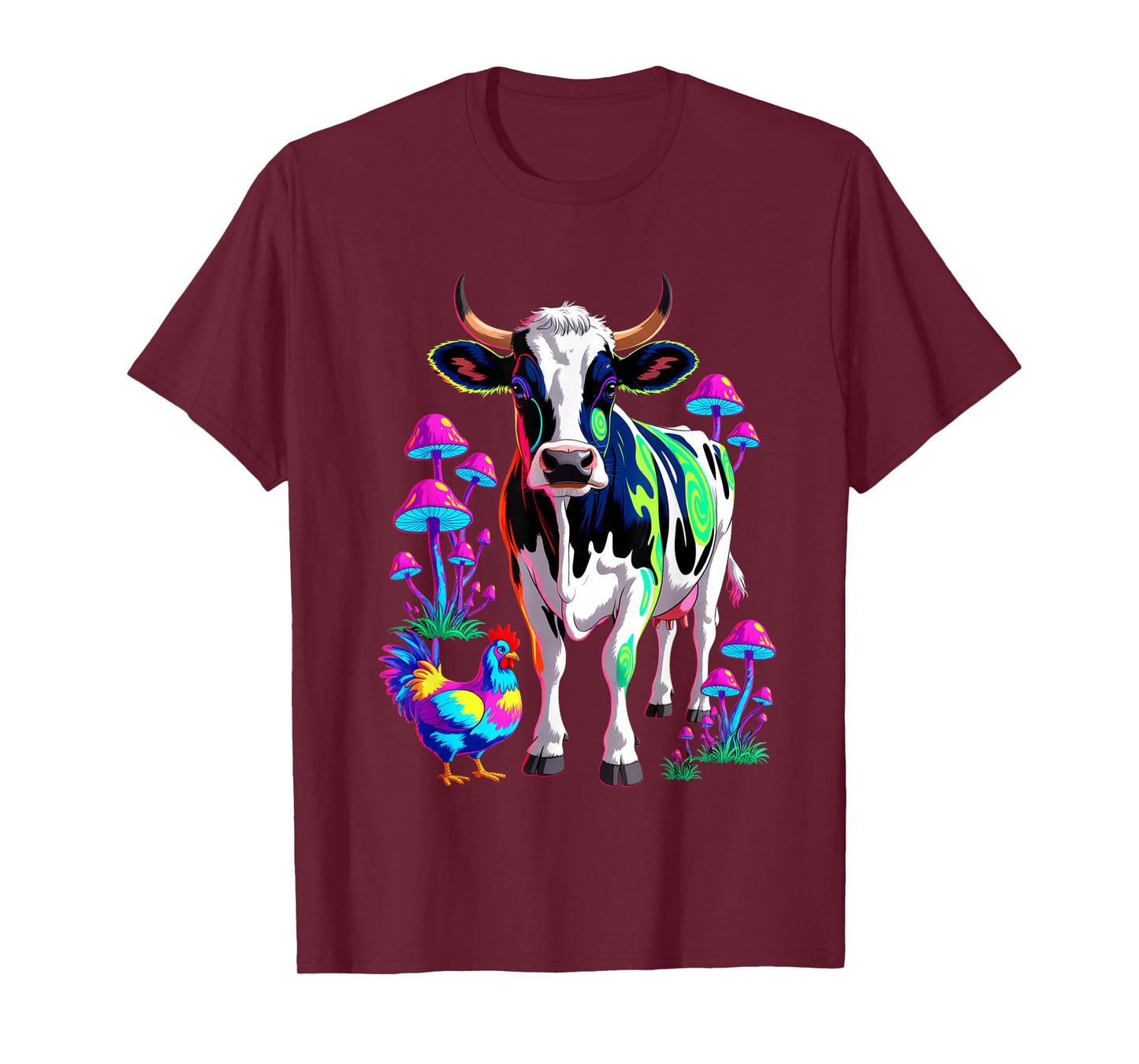Psychedelic Cow Chicken Mushrooms Farm Animal Art T-Shirt