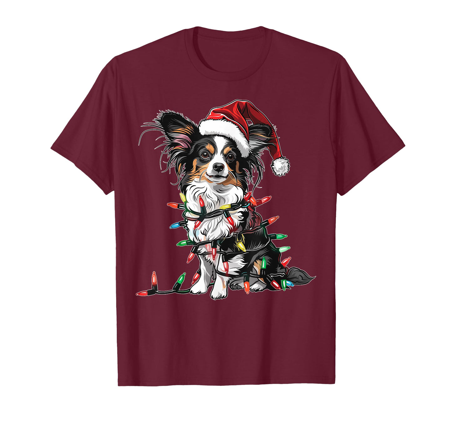Cute Papillon Dog Christmas Hat Xmas T-Shirt - Cute Papillon Dog Christmas Hat Xmas Gifts - Unisex-Kids, Unisex-Adults - Red - Small - Short Sleeve - T-Shirt