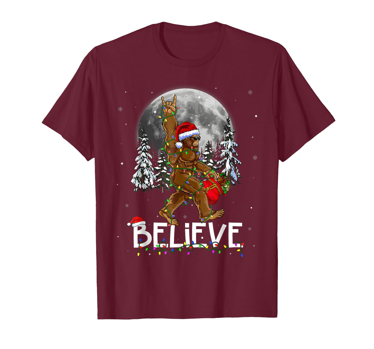 Santa Bigfoot Christmas Lights Funny Sasquatch Believe Xmas T-Shirt