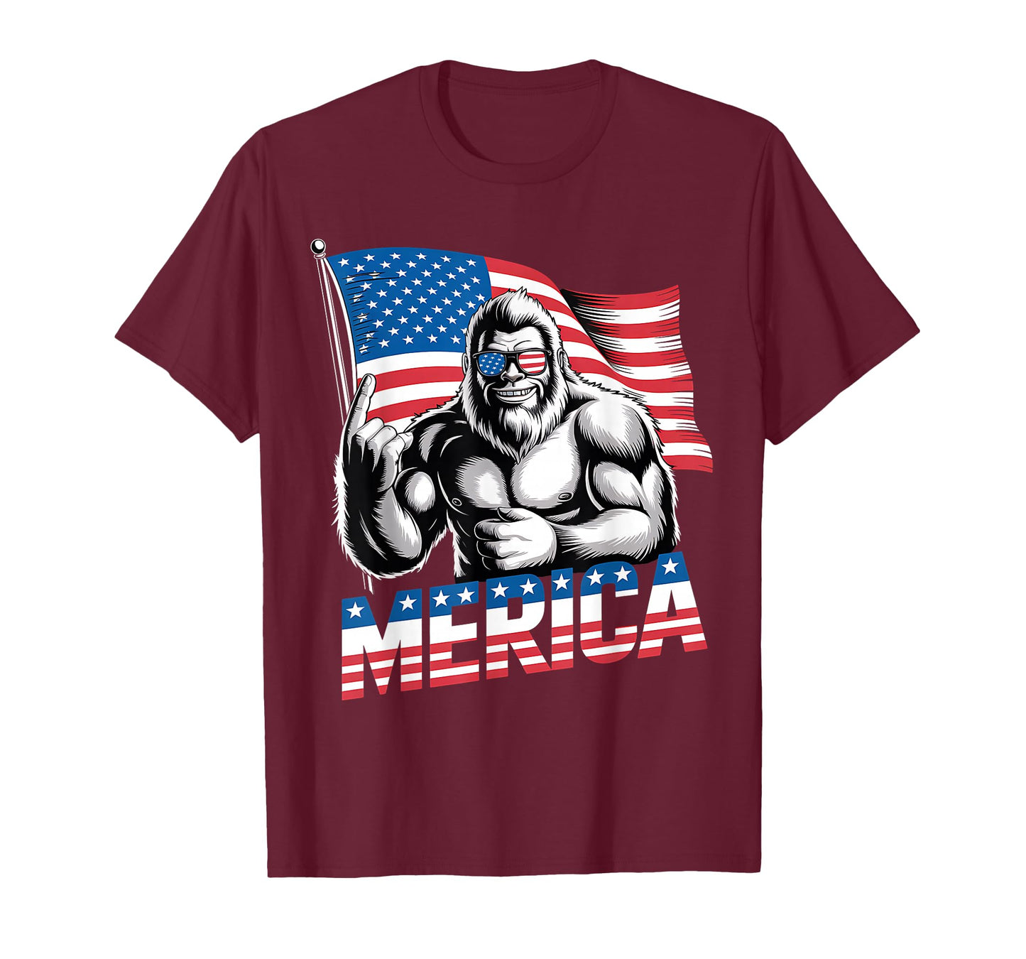 Bigfoot Merica Rock 4th of July Funny Patriotic USA Flag T-Shirt