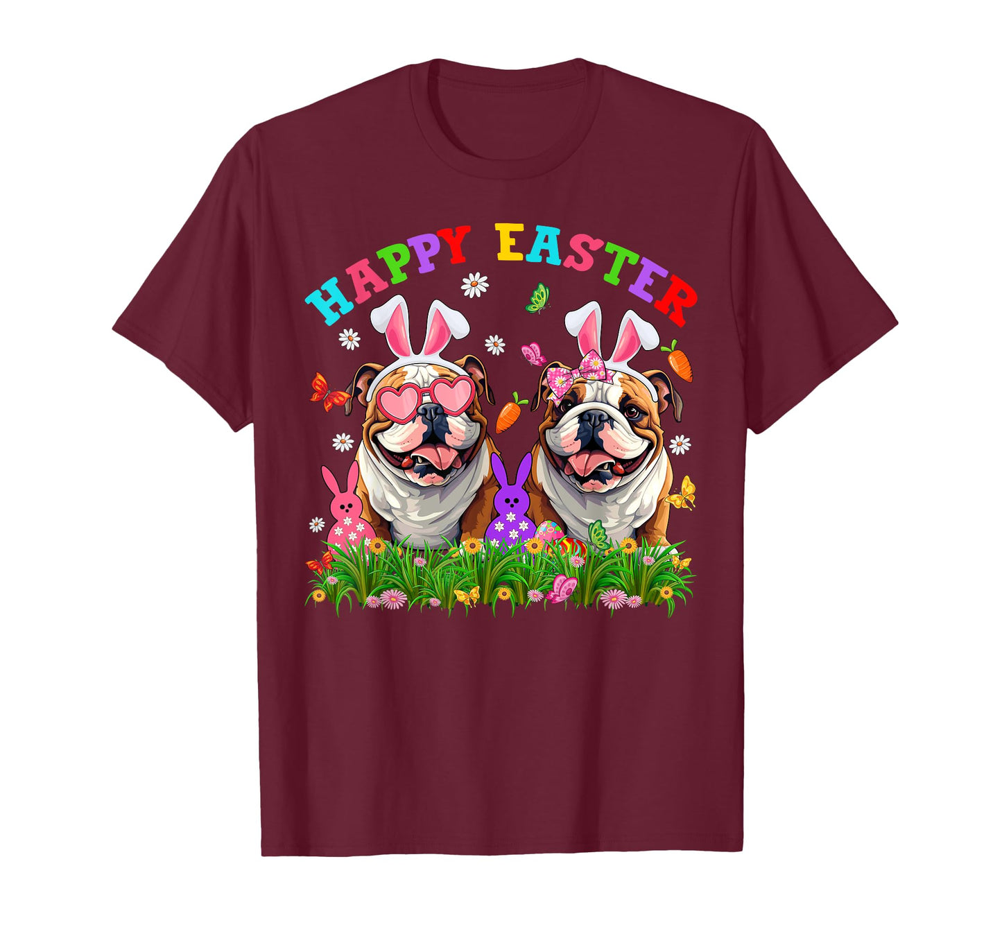 Cute English Bulldog Dog & Bunny Ears Eggs Happy Easter Day T-Shirt for Men Women Girls Kids