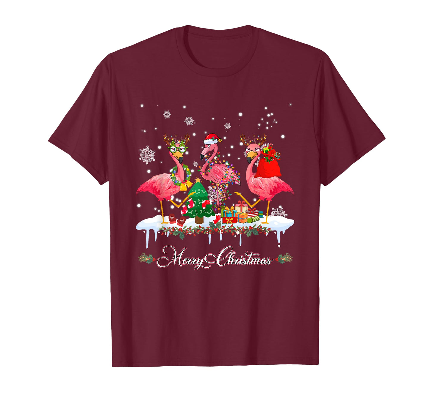 Merry Christmas Hat Santa Flamingo Light Christmas Snow T-Shirt