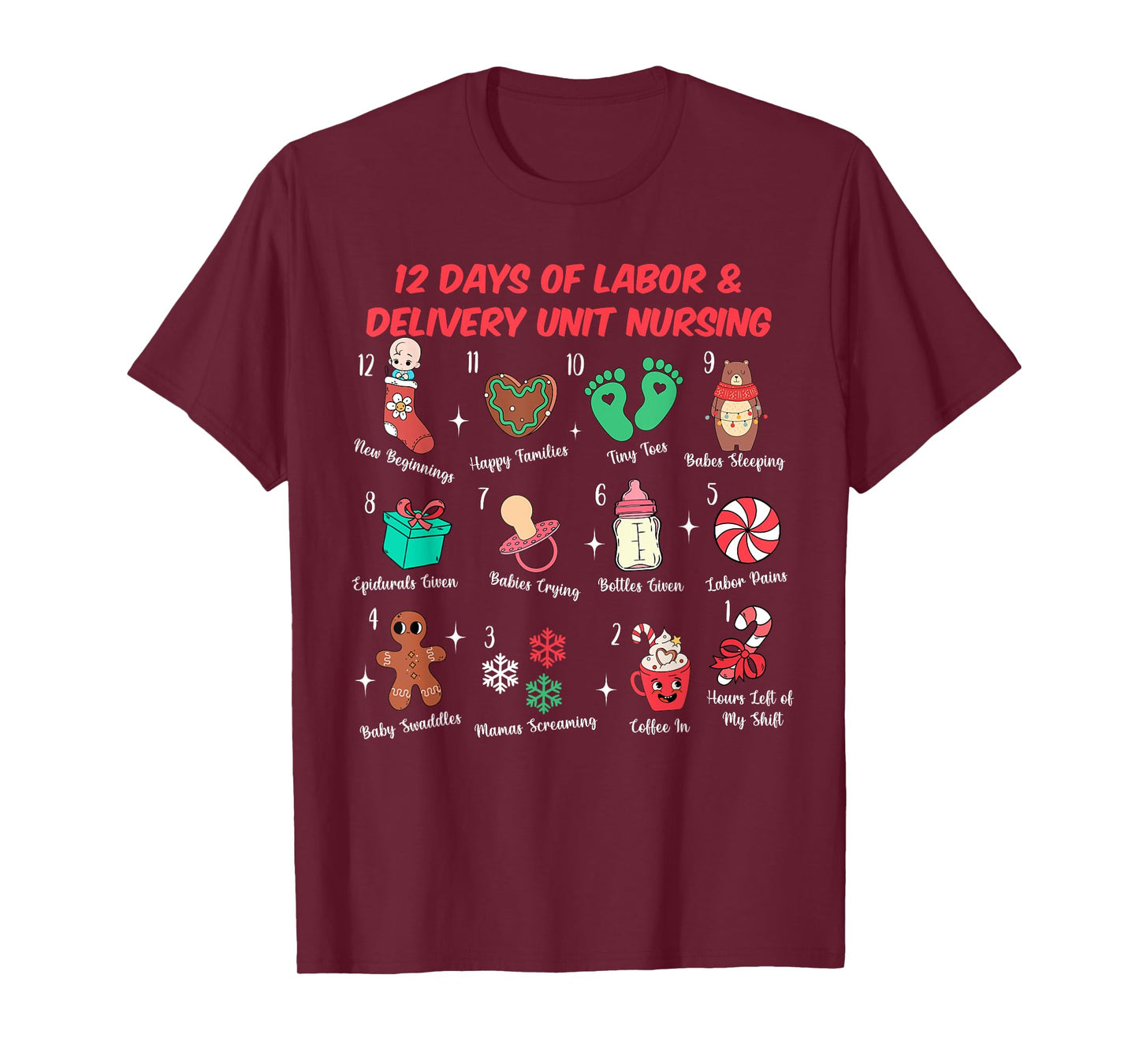 12 Days Of Labor and Delivery Unit Nursing L&D Christmas T-Shirt