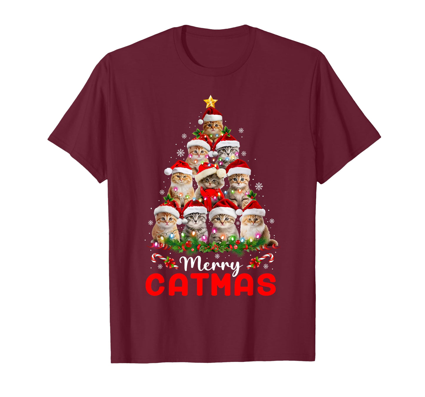 Meowy Catmas Cat Christmas Tree Lights Funny Xmas Pajamas T-Shirt