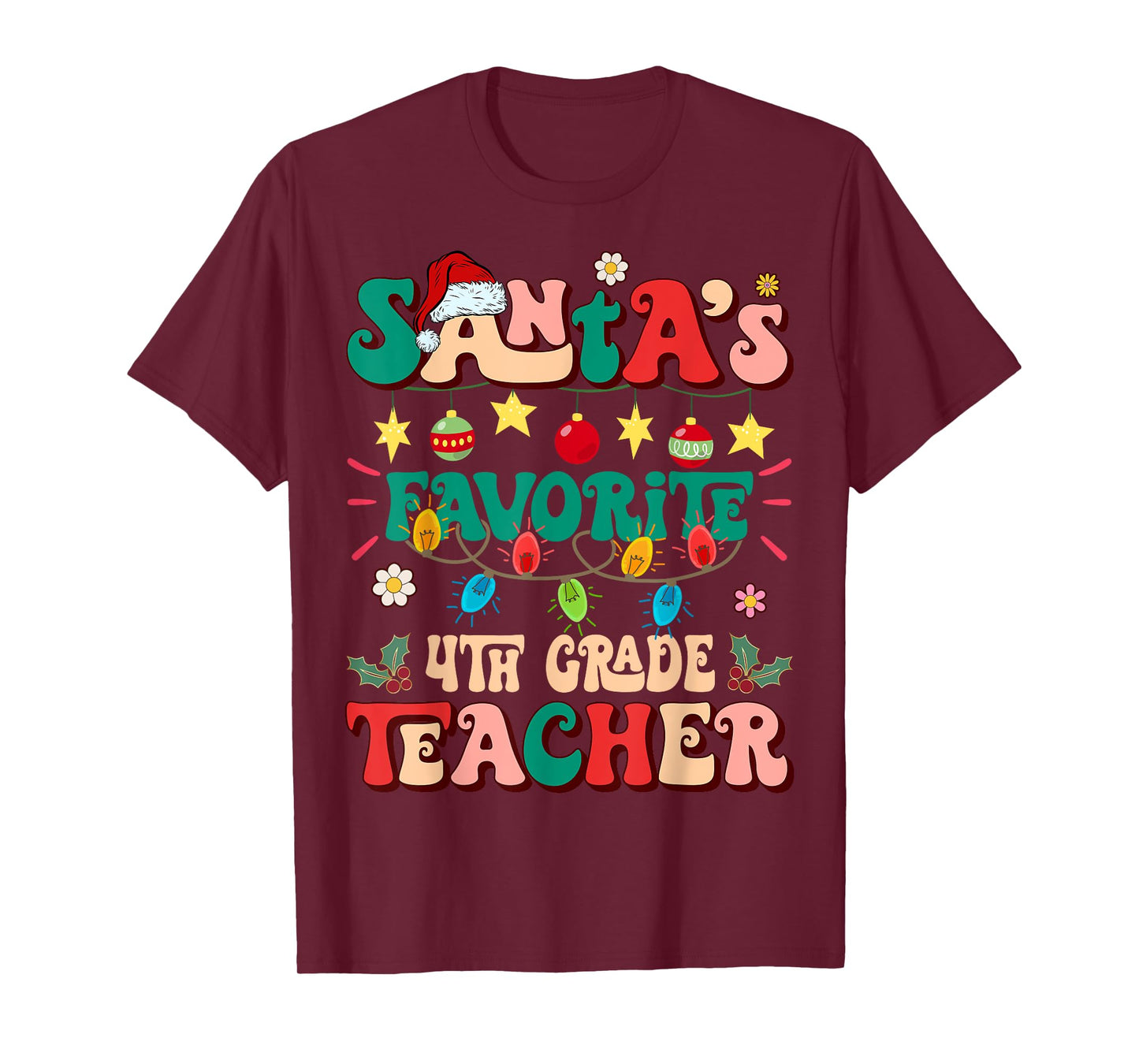 Retro Groovy Santa's Favorite 4th Grade Teacher Christmas T-Shirt