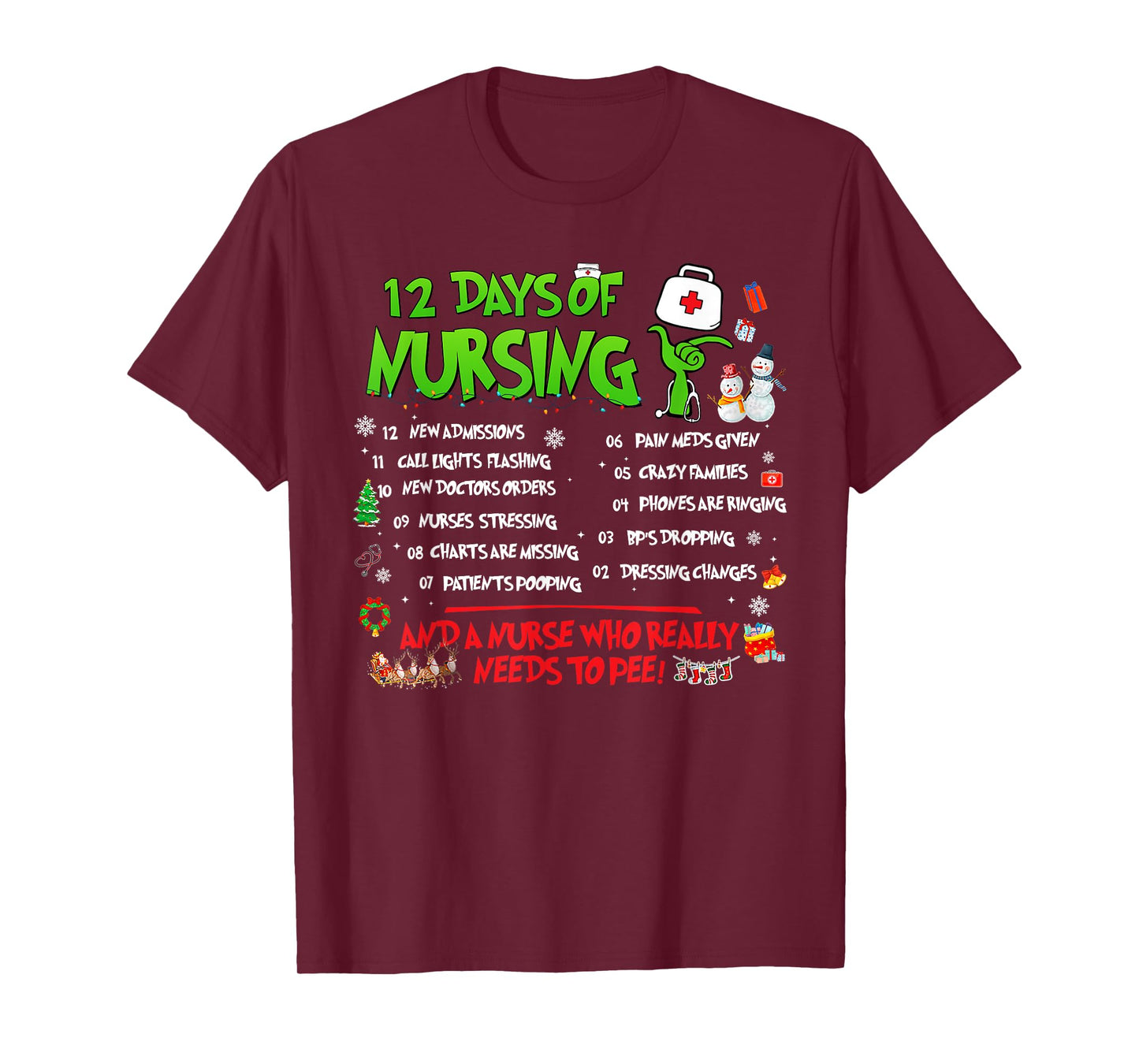 Nurses Merry Christmas Funny 12 Days of Nursing Xmas Pajamas T-Shirt
