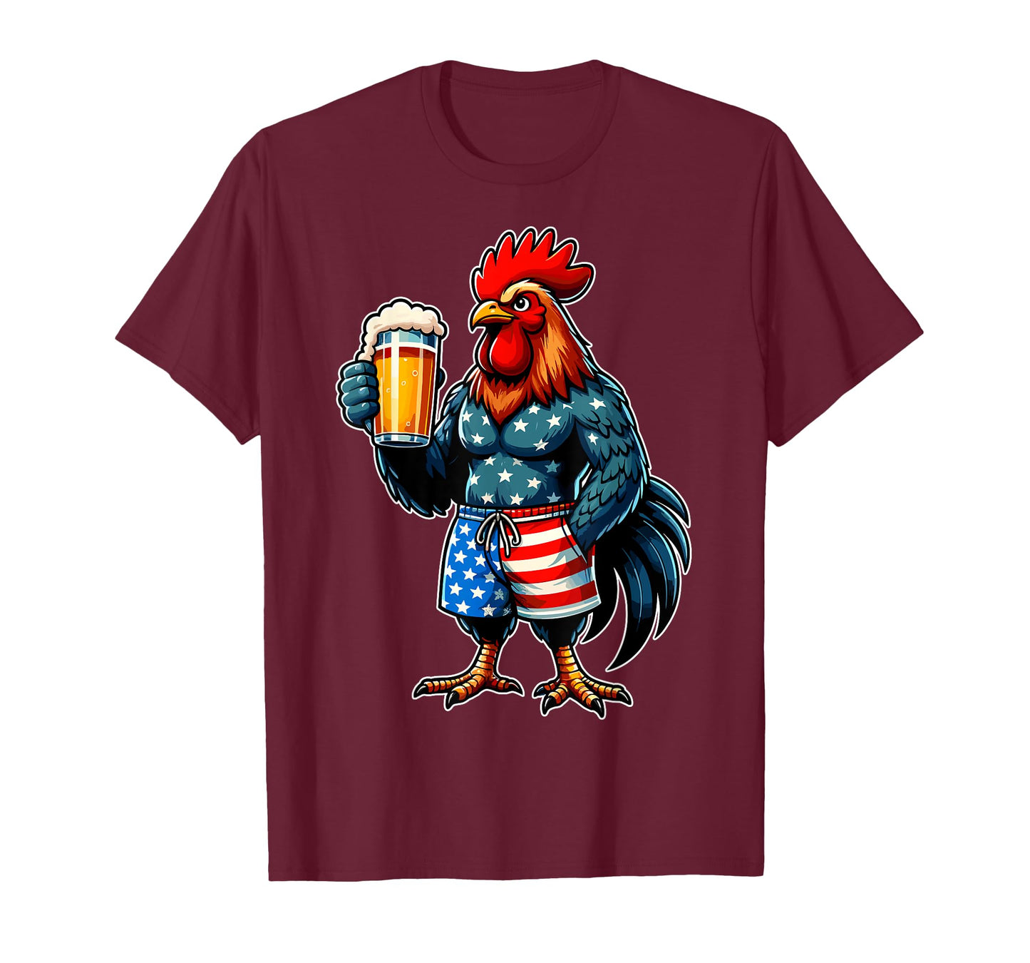 Chicken Holding Beer USA Flag Patriotic 4th of July Chicken T-Shirt