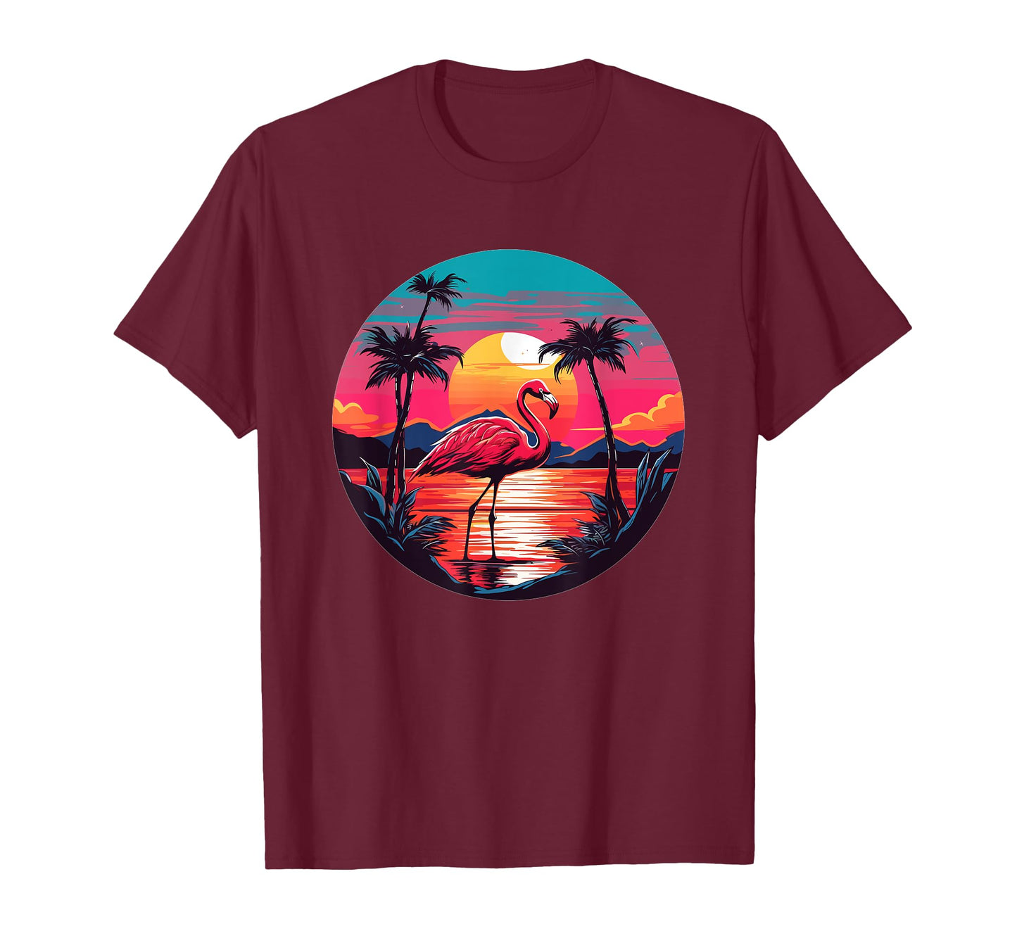 Flamingo Tropical Sunset Beach Palm Trees T-Shirt