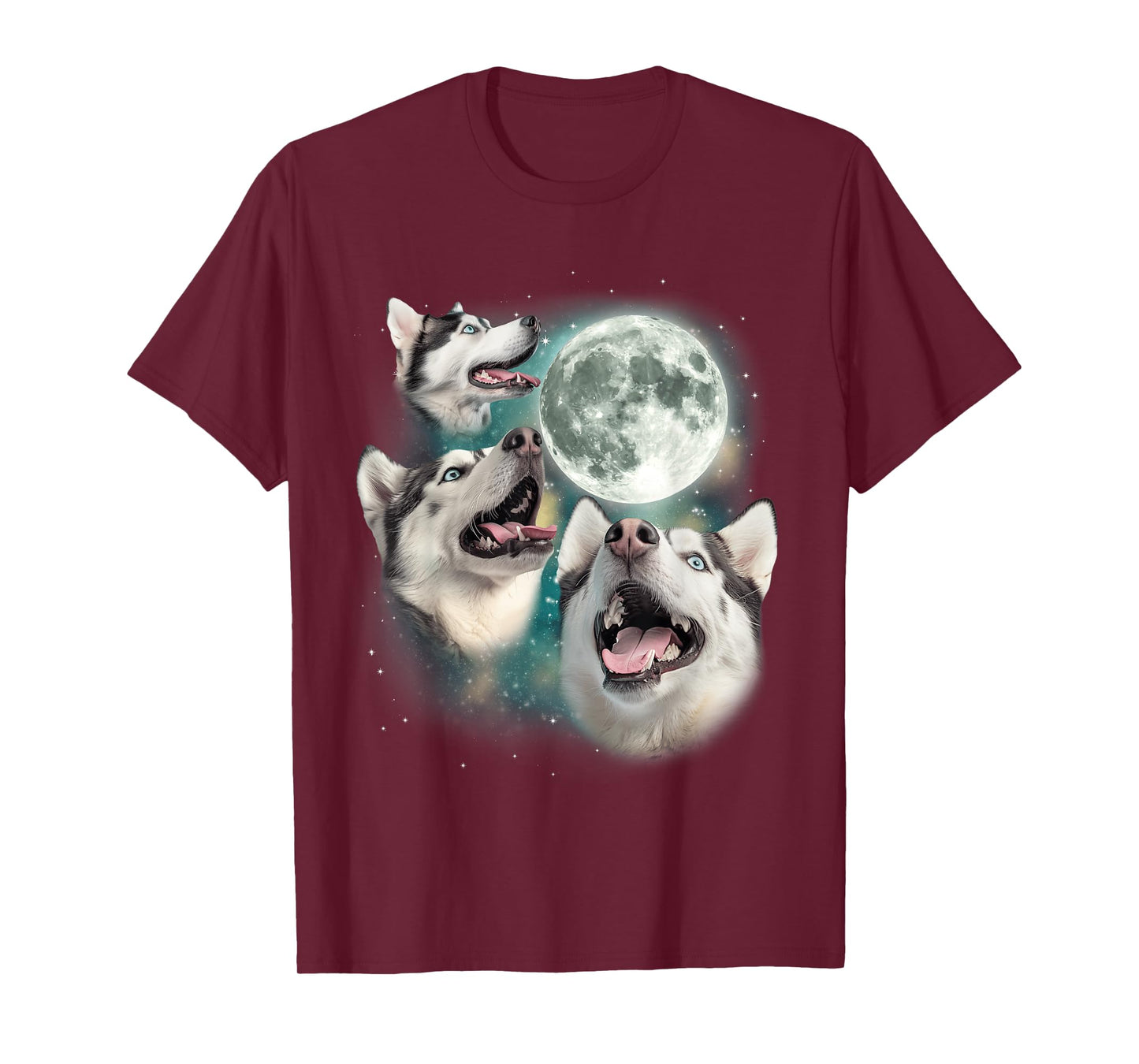 Three Siberian Huskys | 3 Arctic Dogs Howling Under The Moon T-Shirt