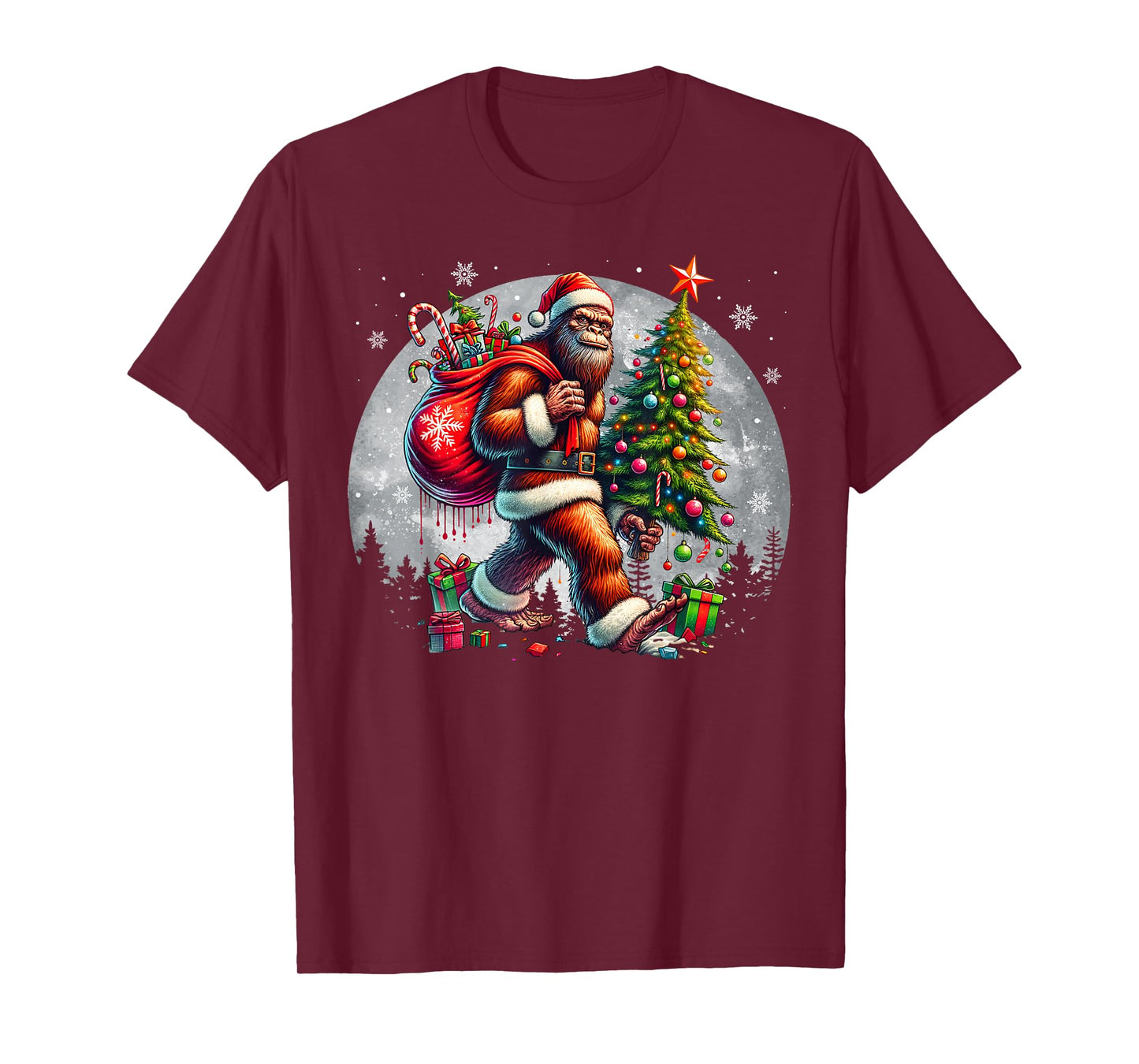 Santa Bigfoot Christmas Tree Xmas Lights Funny Sasquatch T-Shirt