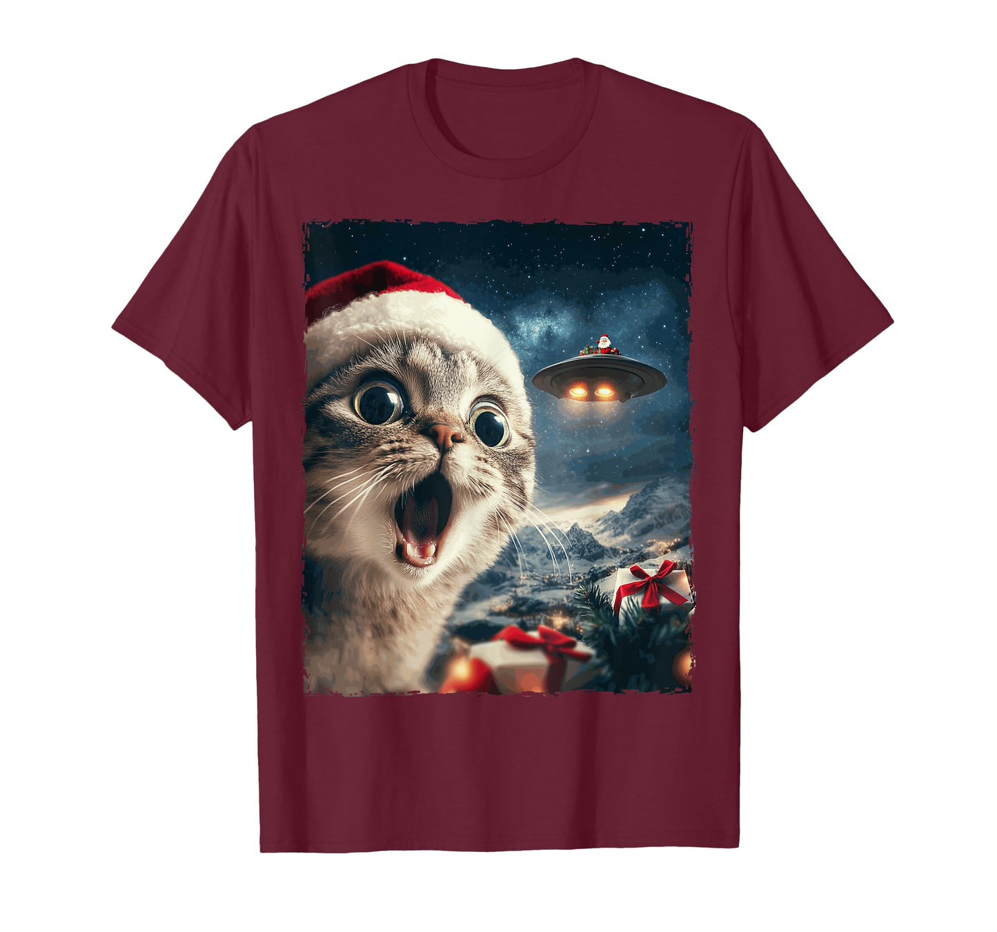 Funny Cat Selfie Santa Ufo Xmas Christmas Men Women Kids T-Shirt