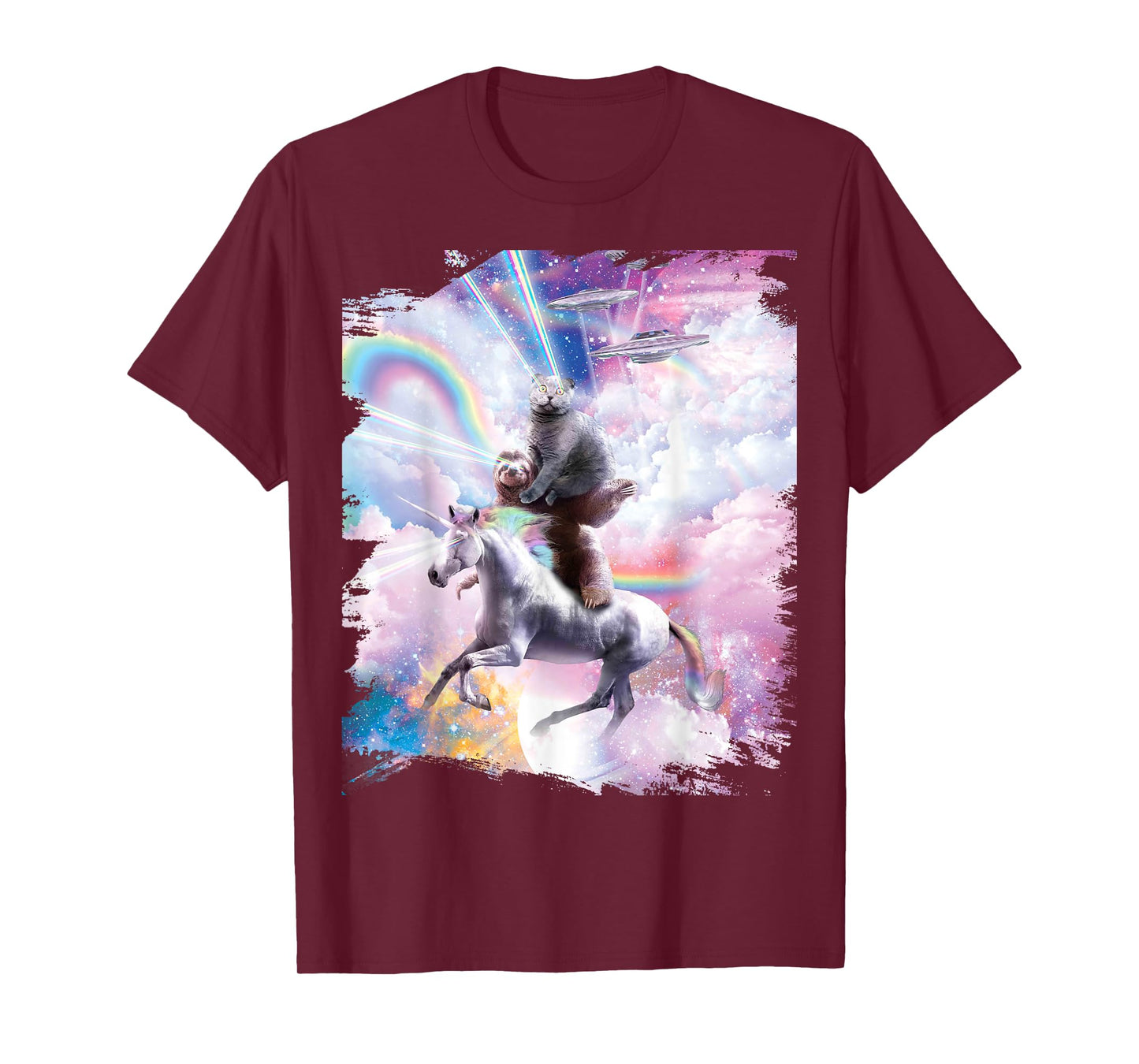 Laser Eyes Space Cat on Sloth Unicorn - Rainbow T-Shirt