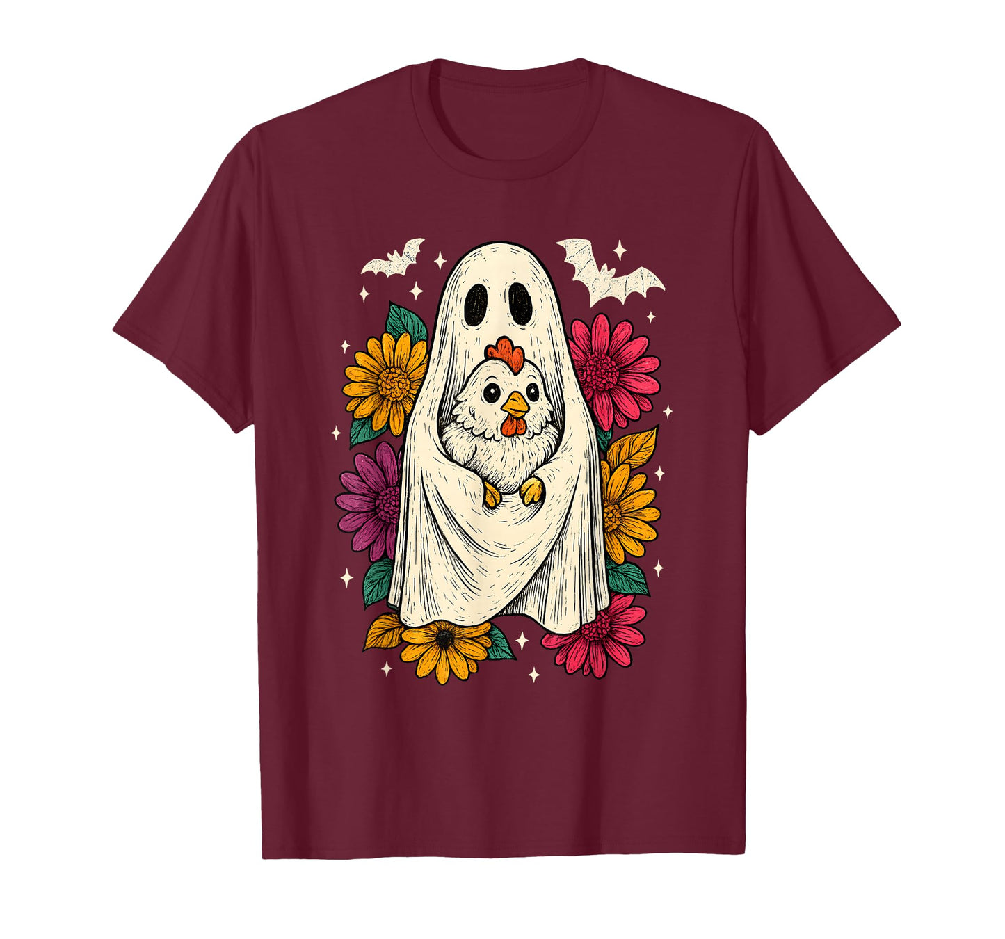 Retro Chicken Ghost Halloween Floral Cute Animal Lover T-Shirt