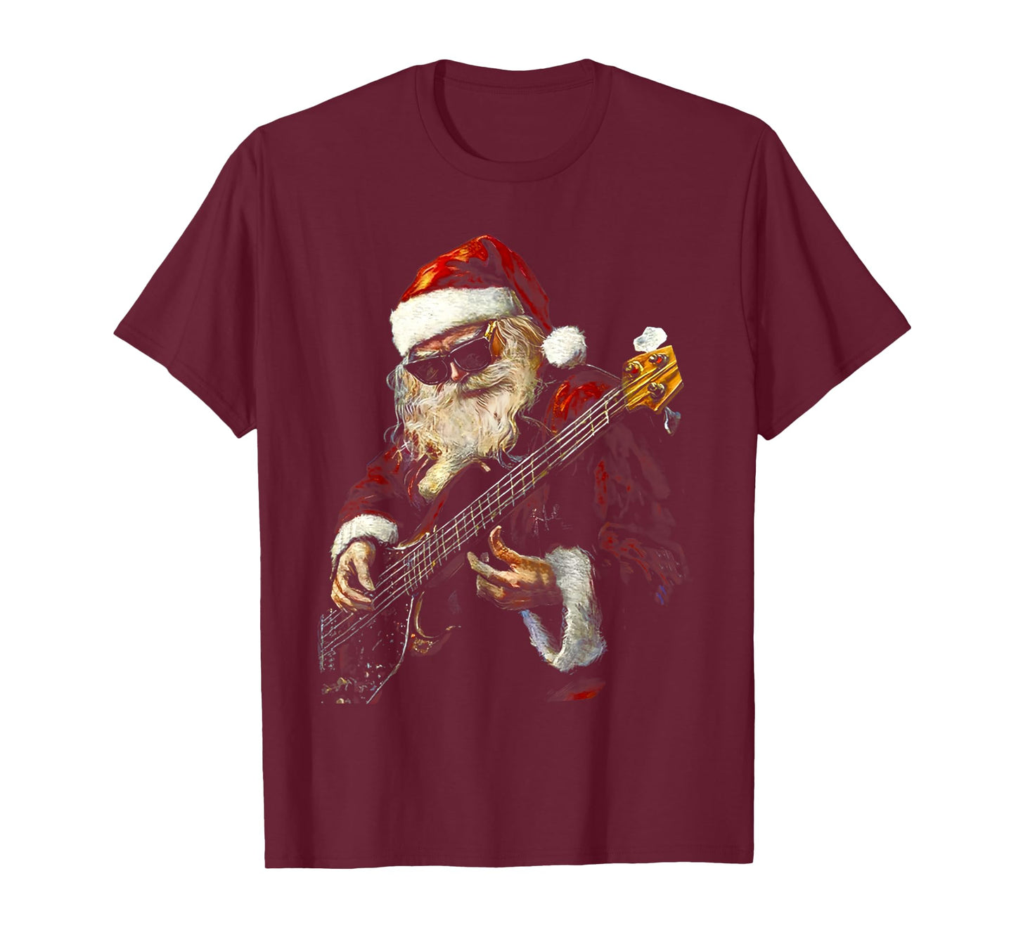 Retro Rock Santa Claus Plays Bass Guitar Paints Art T-Shirt