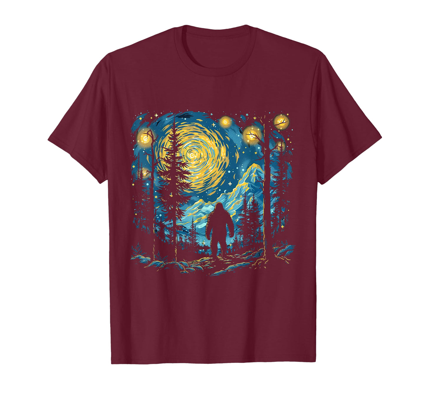 Funny Bigfoot Starry Night Sasquatch Van Gogh Sky Painting T-Shirt