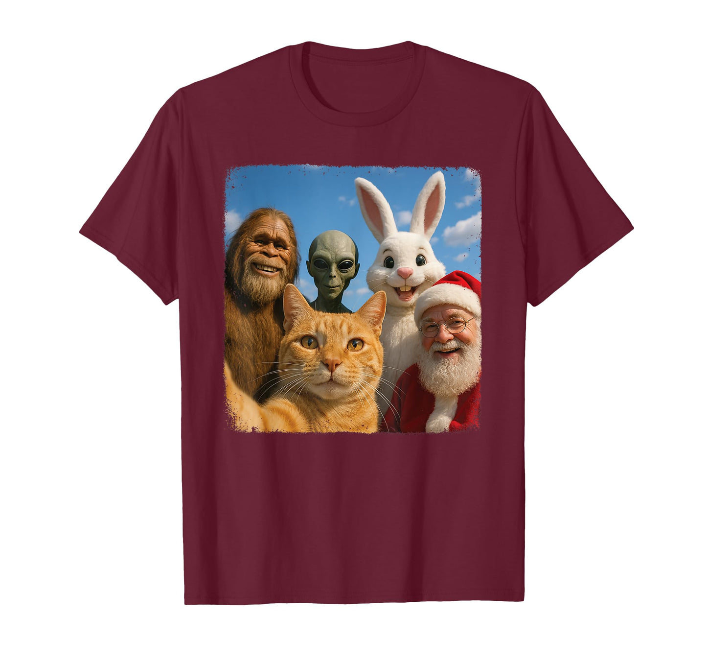 Cat Bigfoot Easter Bunny Alien Santa Selfie BFF Funny Photo T-Shirt for Men Women Kids