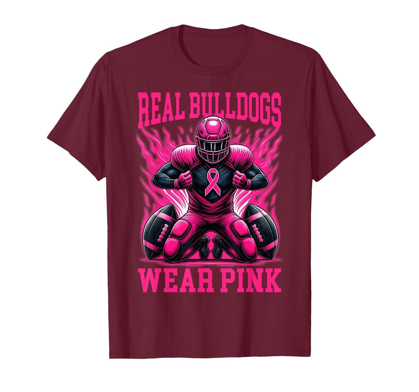 Real Bulldog Wear Pink Ribbon Tackle Breast Cancer Football T-Shirt