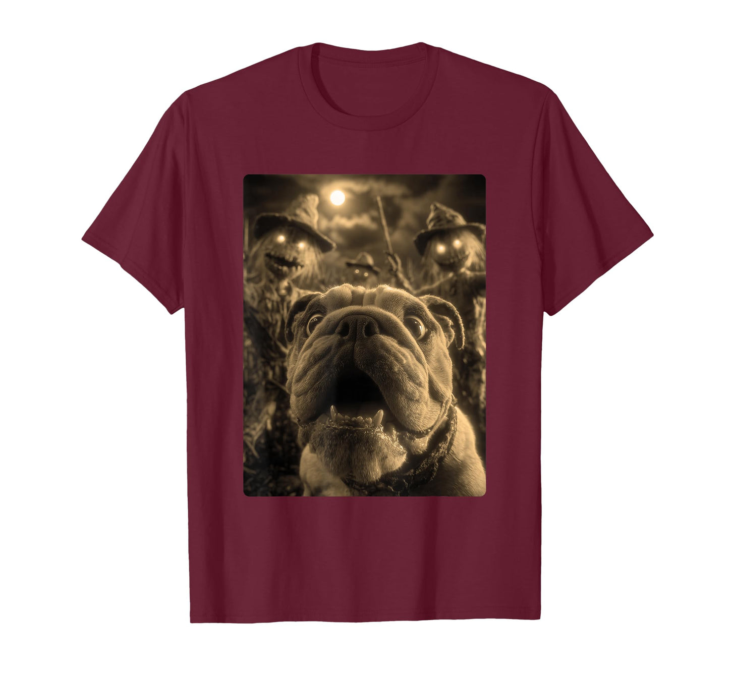 Vintage Bulldog Selfie with Spooky Scarecrows Halloween Dog T-Shirt