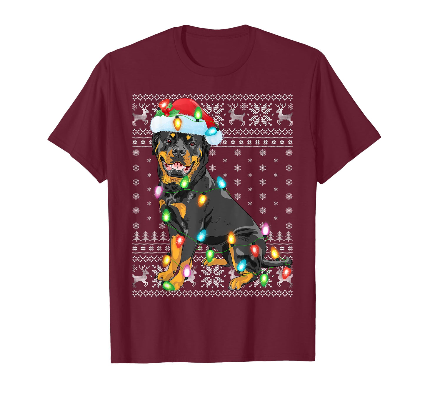 Ugly Sweater Xmas Lights Santa Hat Rottweiler Dog Christmas T-Shirt