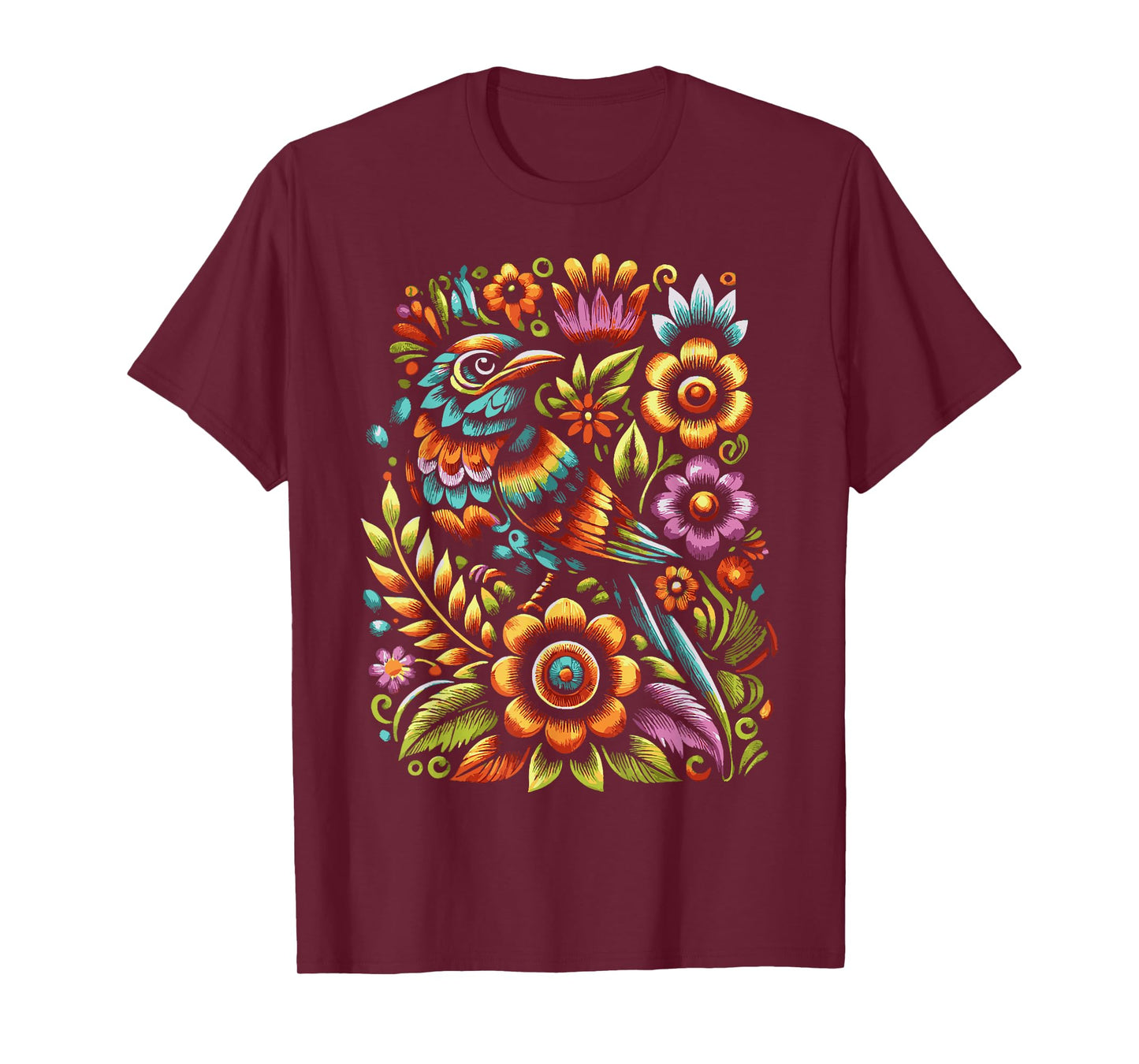 Floral Bird Otomi Mexican Embroidery Style Mexicano Mexicana T-Shirt