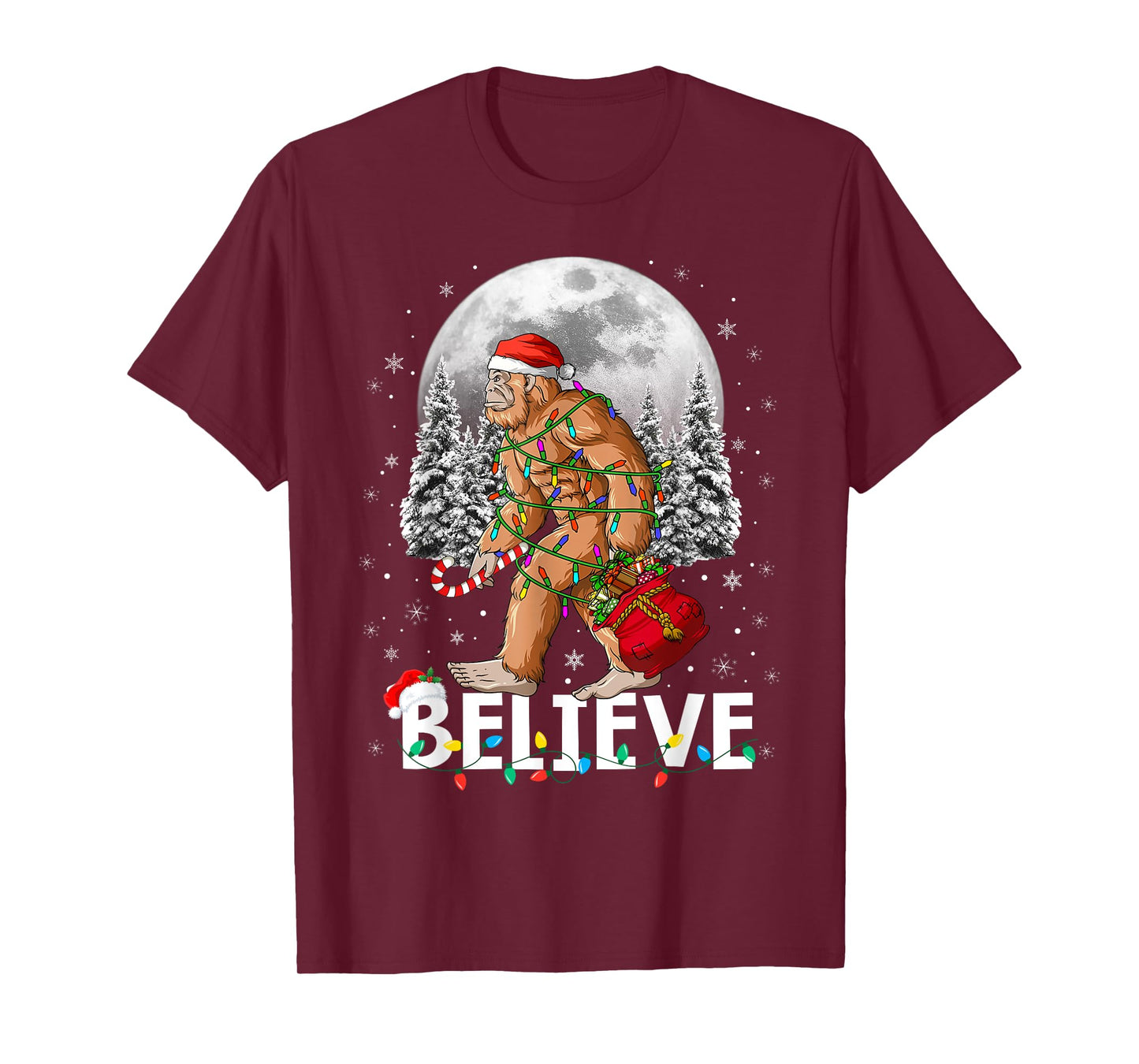 Santa Bigfoot Christmas Lights Funny Sasquatch Believe Xmas T-Shirt