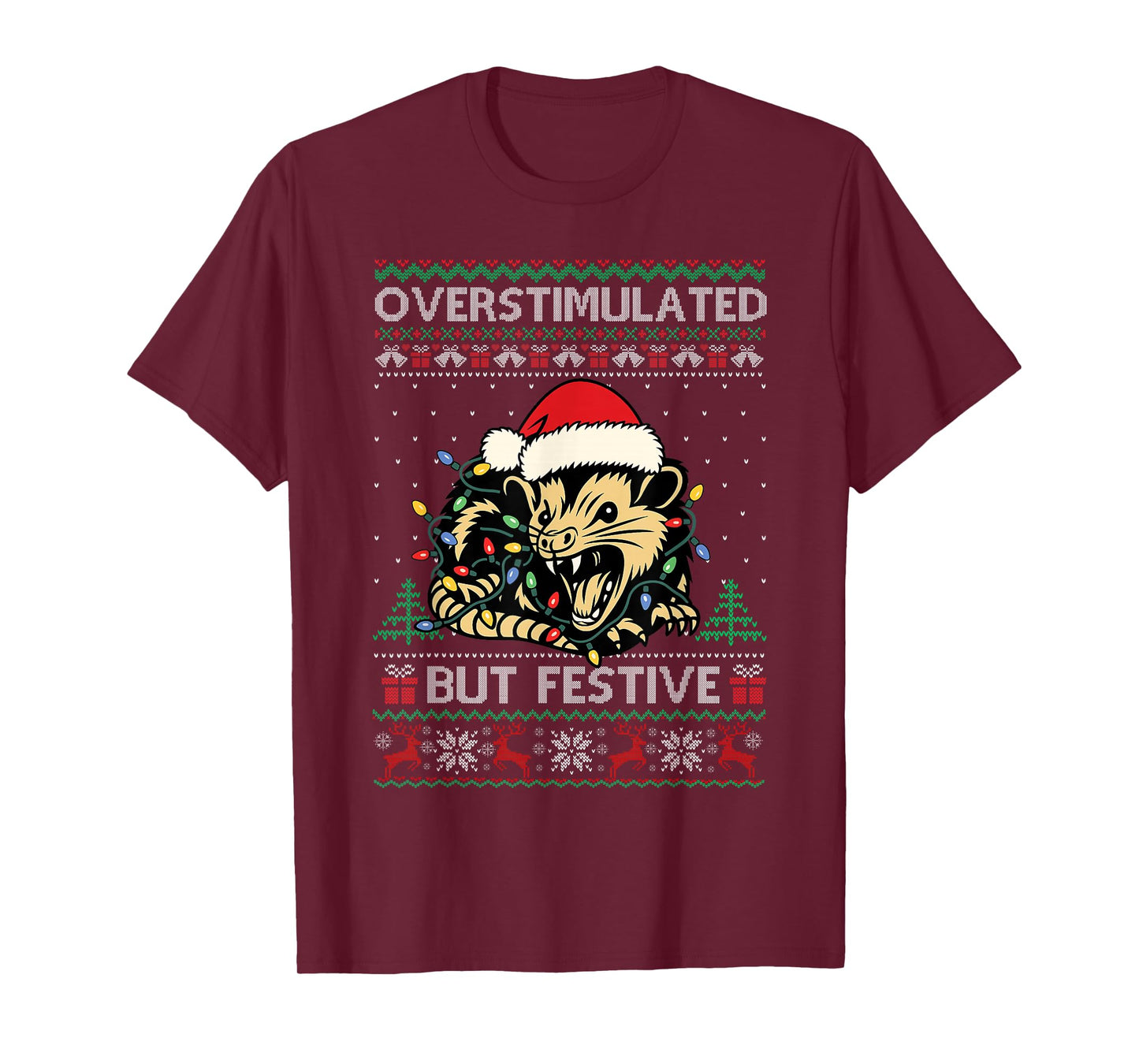 Overstimulated But Festive Possum Christmas Pajamas Ugly T-Shirt