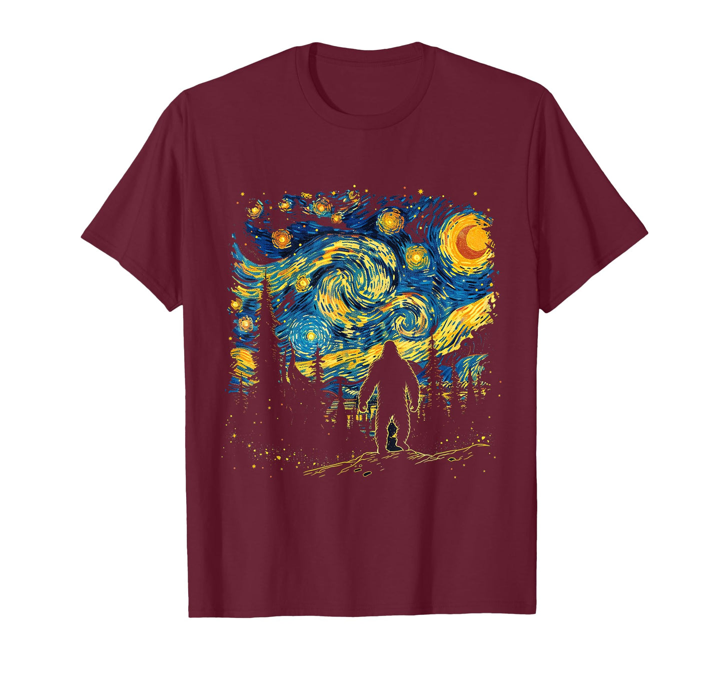 Funny Bigfoot Starry Night Sasquatch Van Gogh Sky Painting T-Shirt