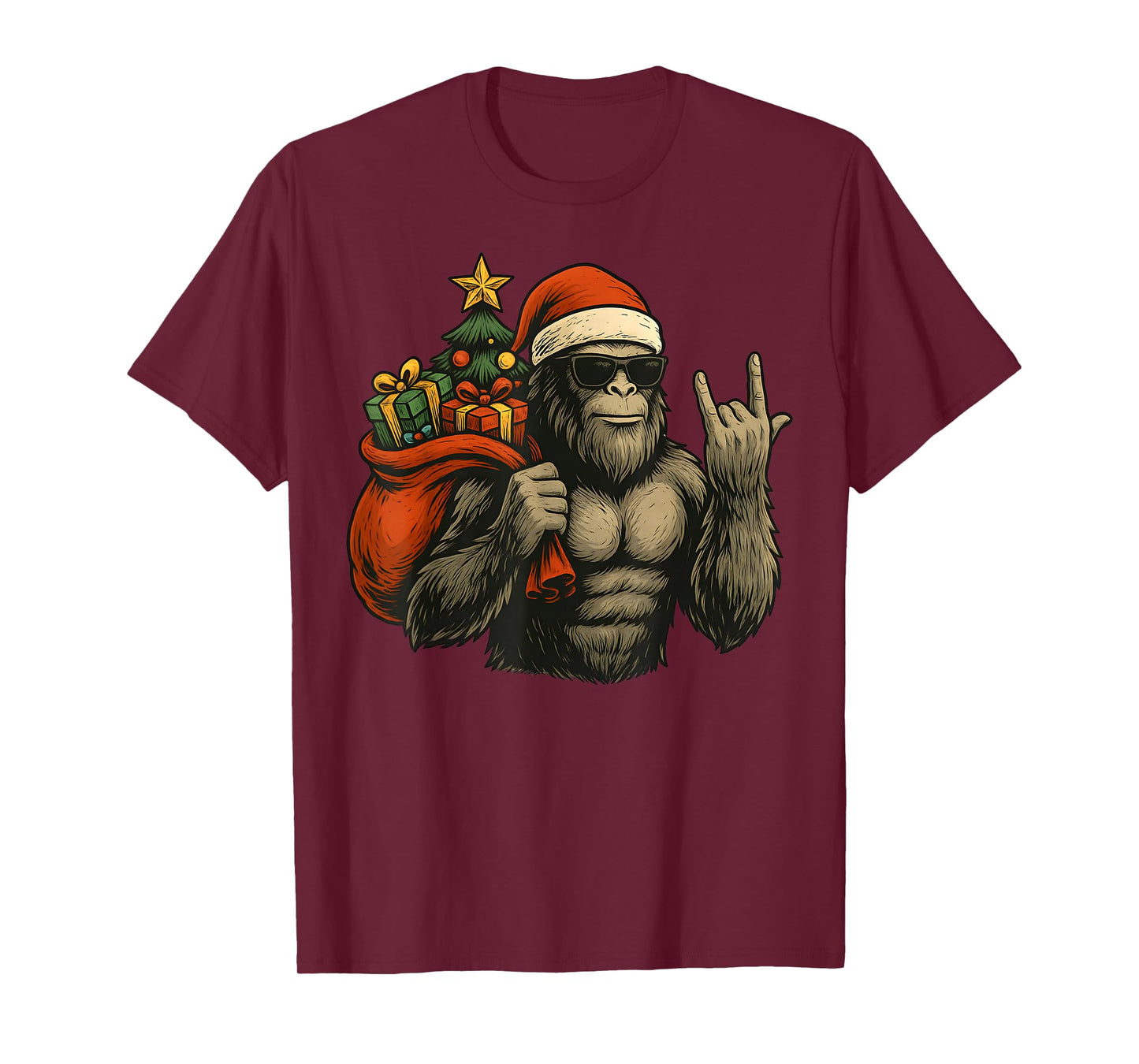 Bigfoot Santa Christmas Tree Rock On Funny Xmas Sasquatch T-Shirt
