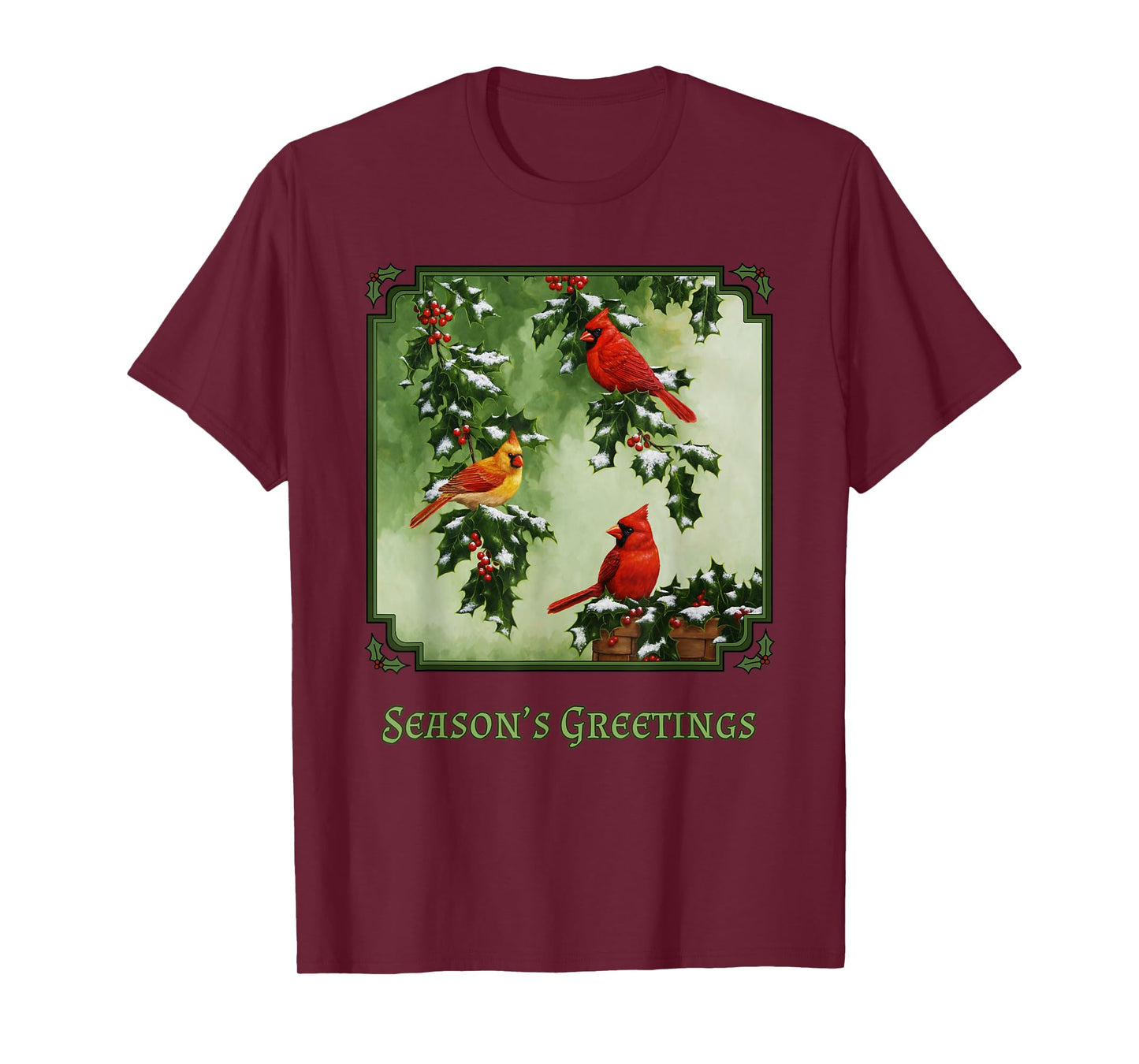 Red Cardinal Birds Christmas Holly Berries Leaves Snow T-Shirt