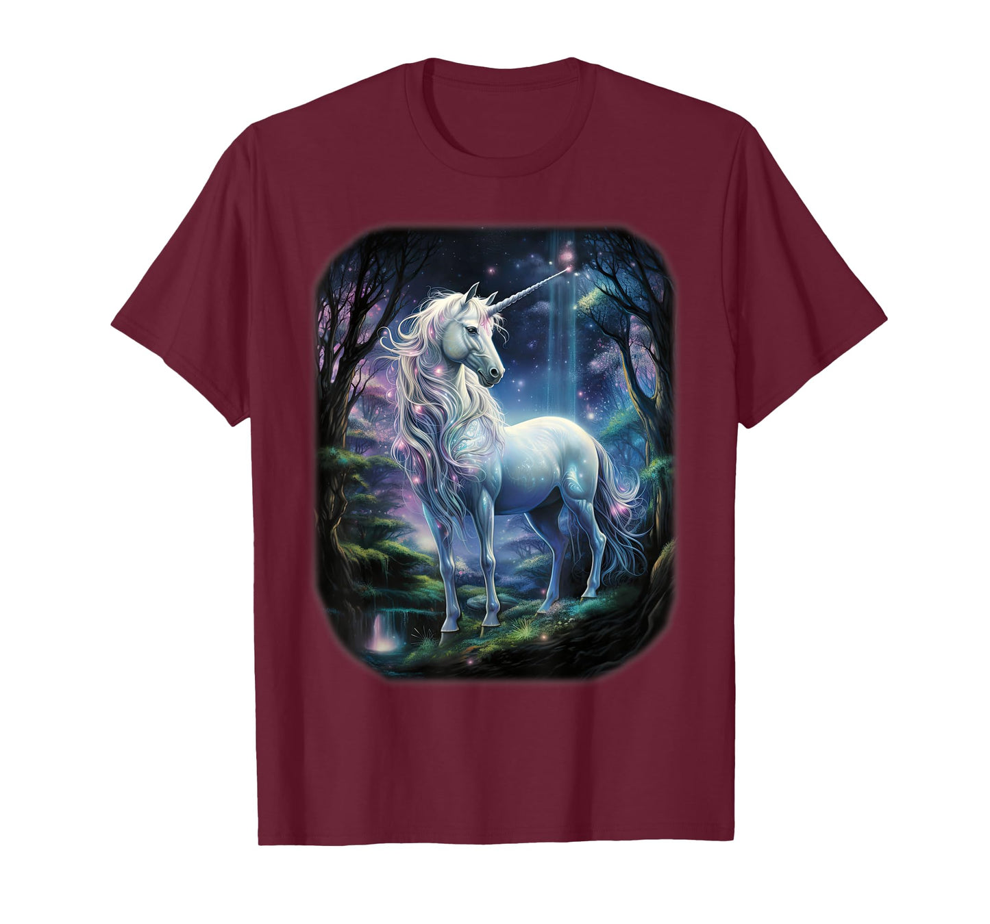Fantasy white Unicorn standing in forest universe. T-Shirt