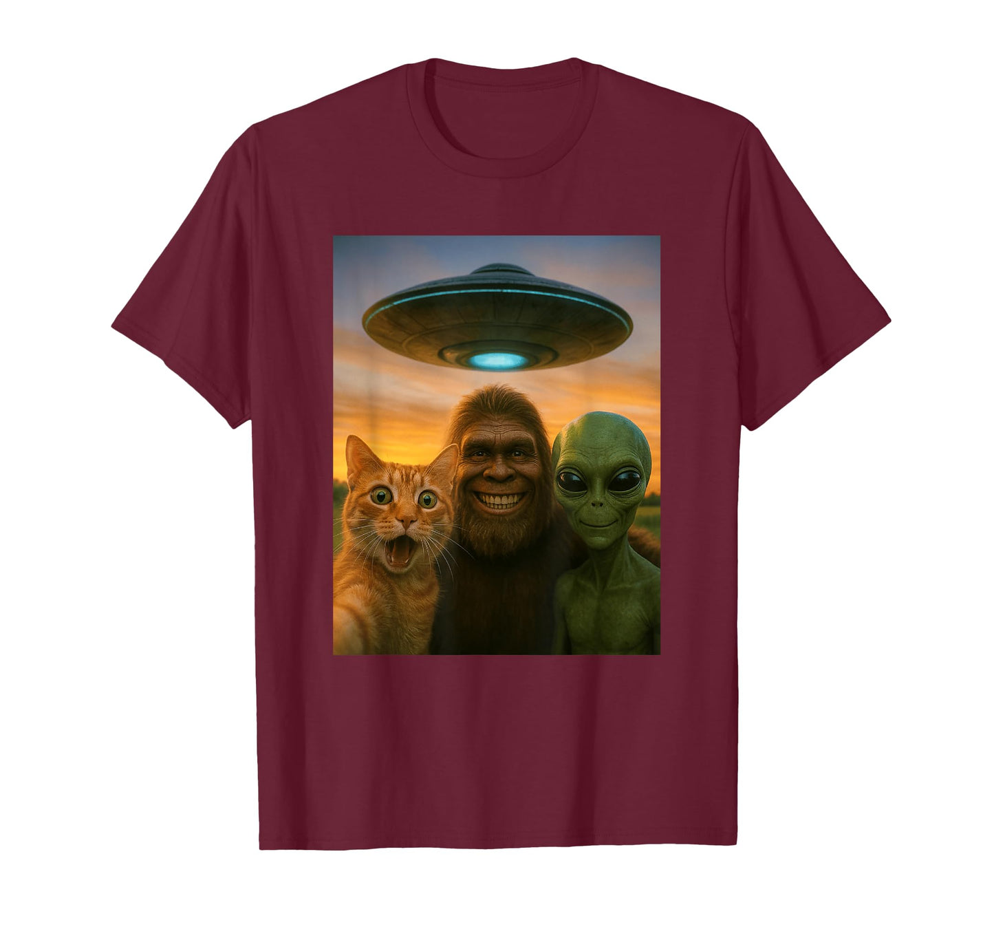 Orange Cat Selfie Bigfoot UFO Alien T-Shirt