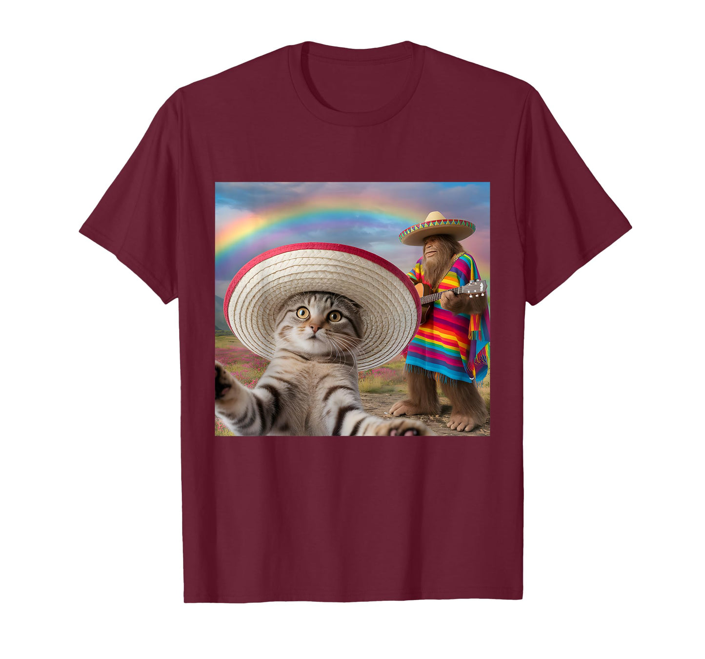 Funny Cat Selfie With Bigfoot Cinco de Mayo Men Women Kids T-Shirt