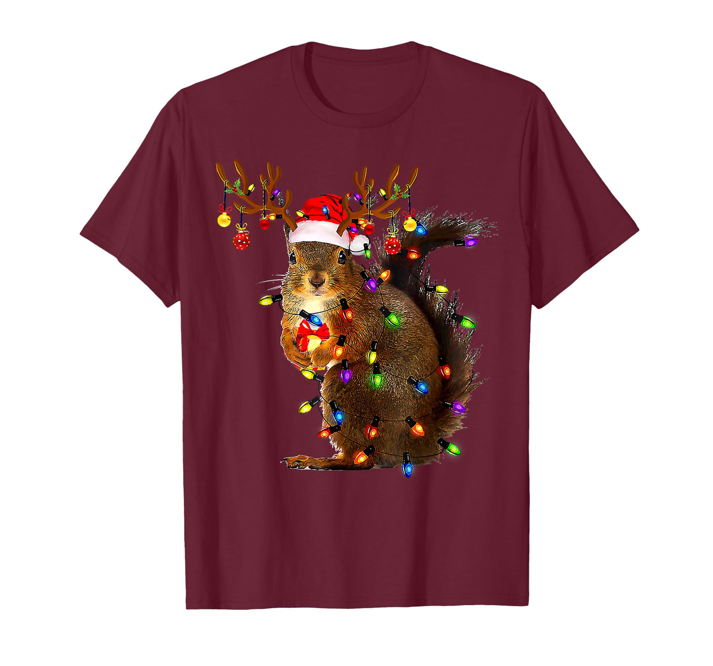 Funny Squirrel Christmas Tree Lights Reindeer Santa Hat Xmas T-Shirt