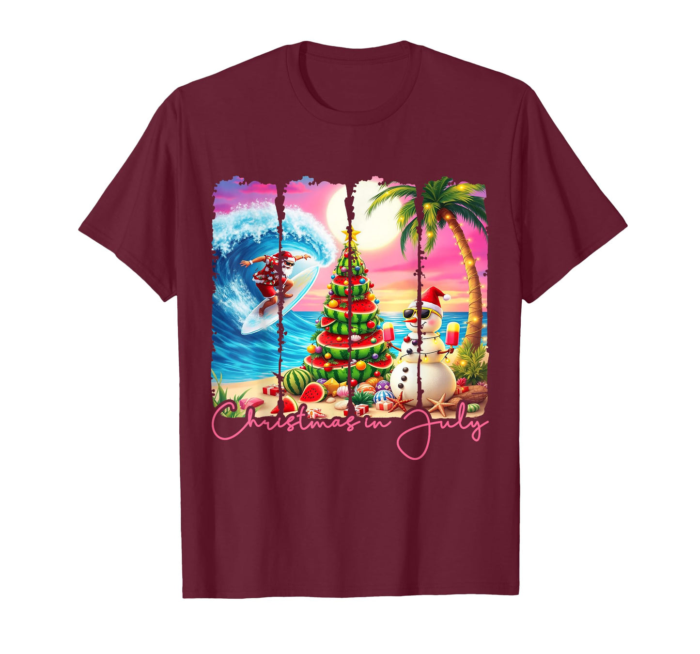 Summer Vibes Xmas in July Santa Surfing Beach Trip Tropical T-Shirt