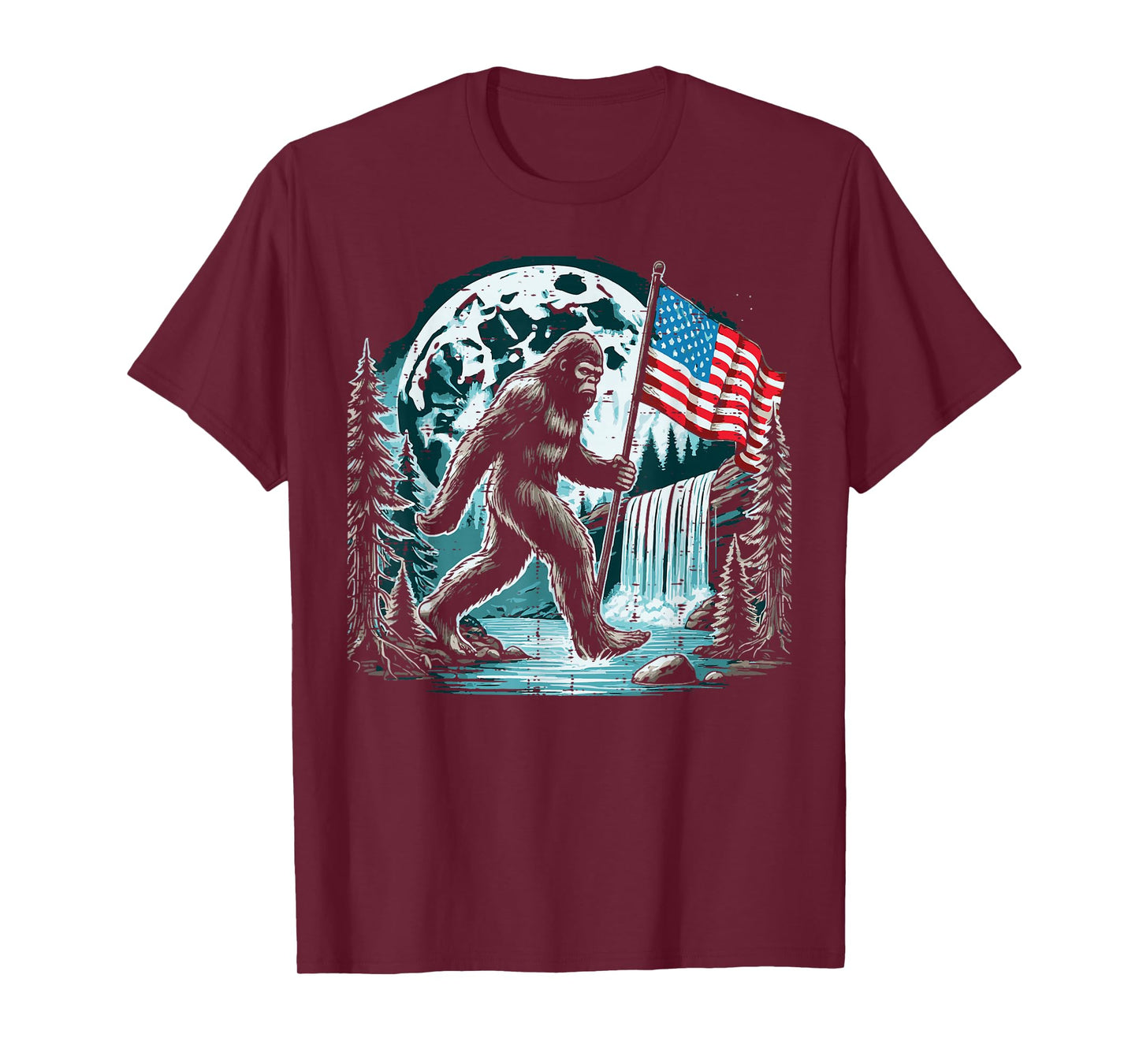 Bigfoot Sasquatch USA Flag Moon Patriotic Men Women Kids T-Shirt