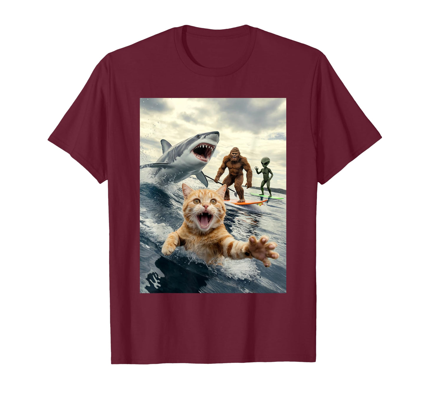 Funny Cat Surfing Bigfoot Alien Shark Men Women T-Shirt