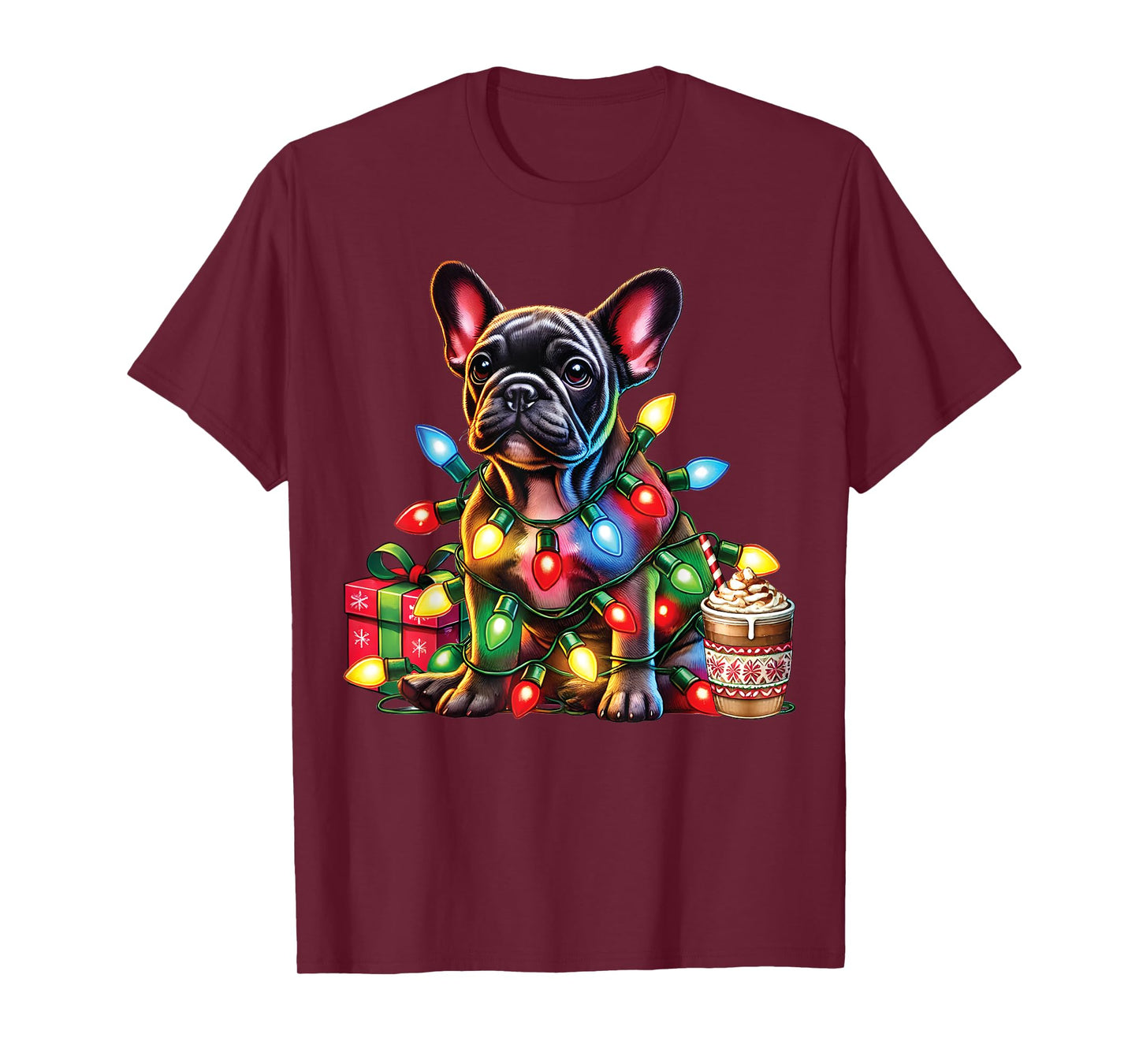 French bulldog Lovers Xmas Reindeer Antlers Christmas Lights Men Women Kids T-Shirt