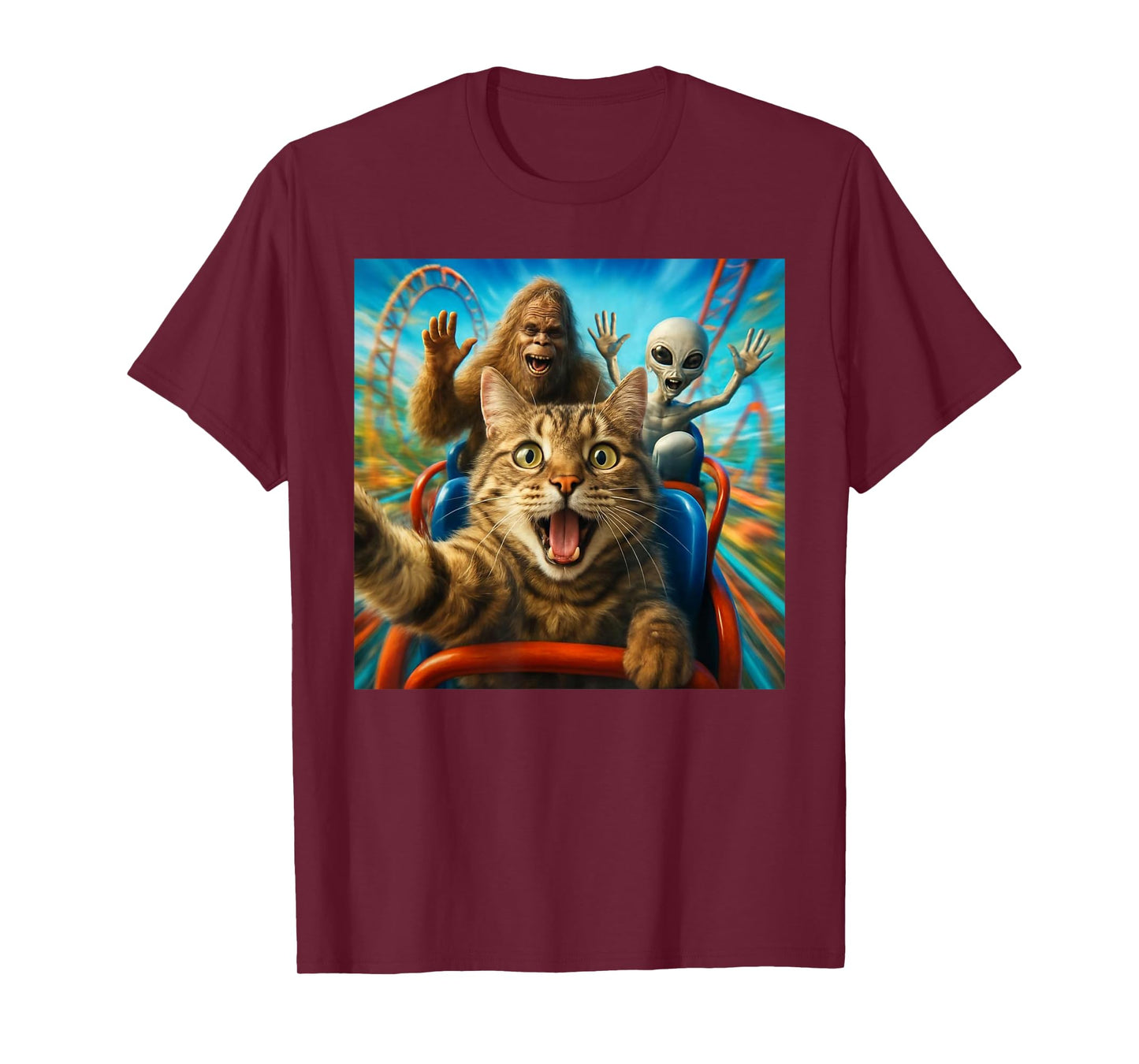 Funny Cat Selfie with Big Foot & Alien Roller Coaster Meme T-Shirt