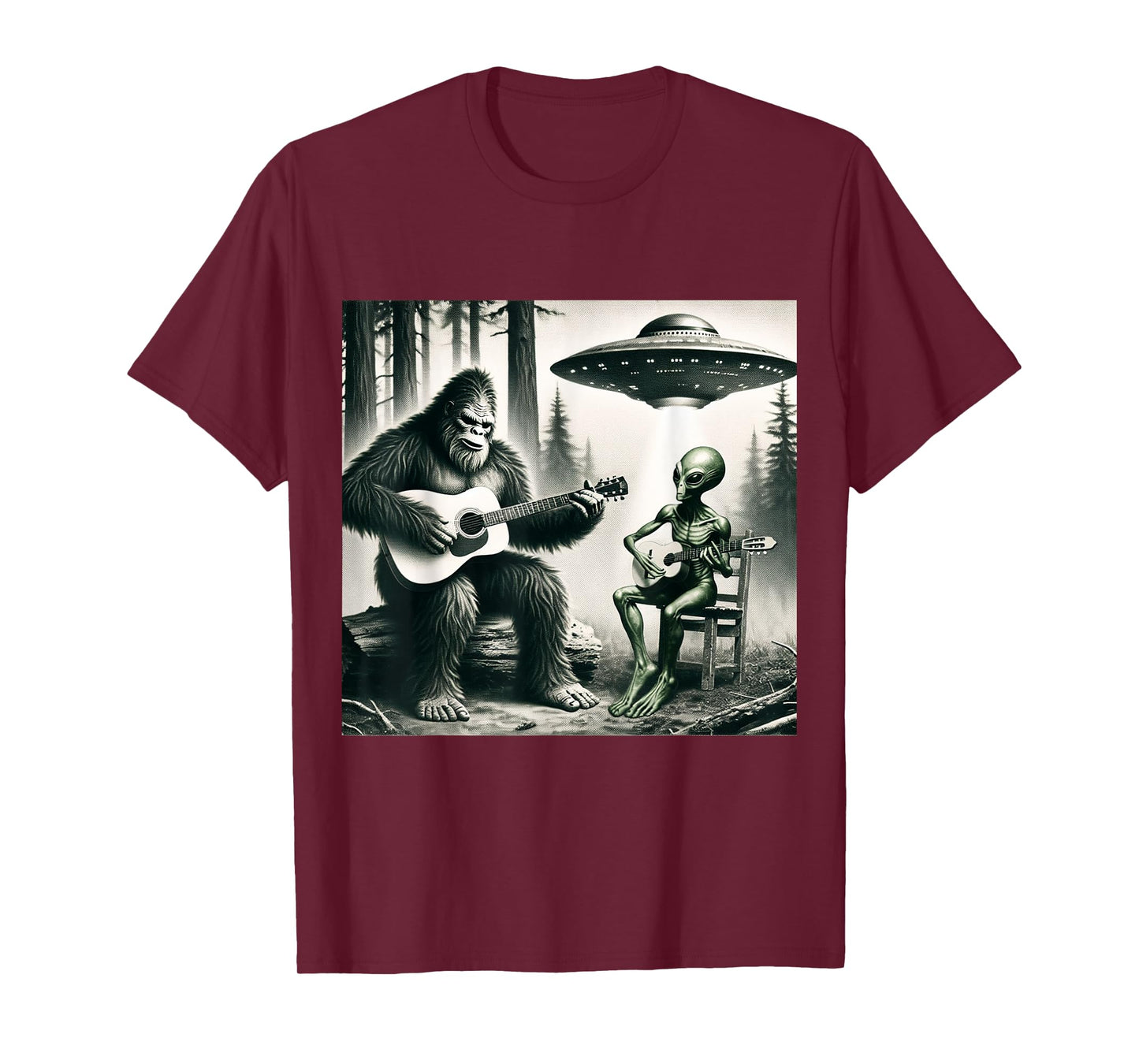 Funny Bigfoot And Alien Playing Electric Guitar. Bigfoot UFO T-Shirt