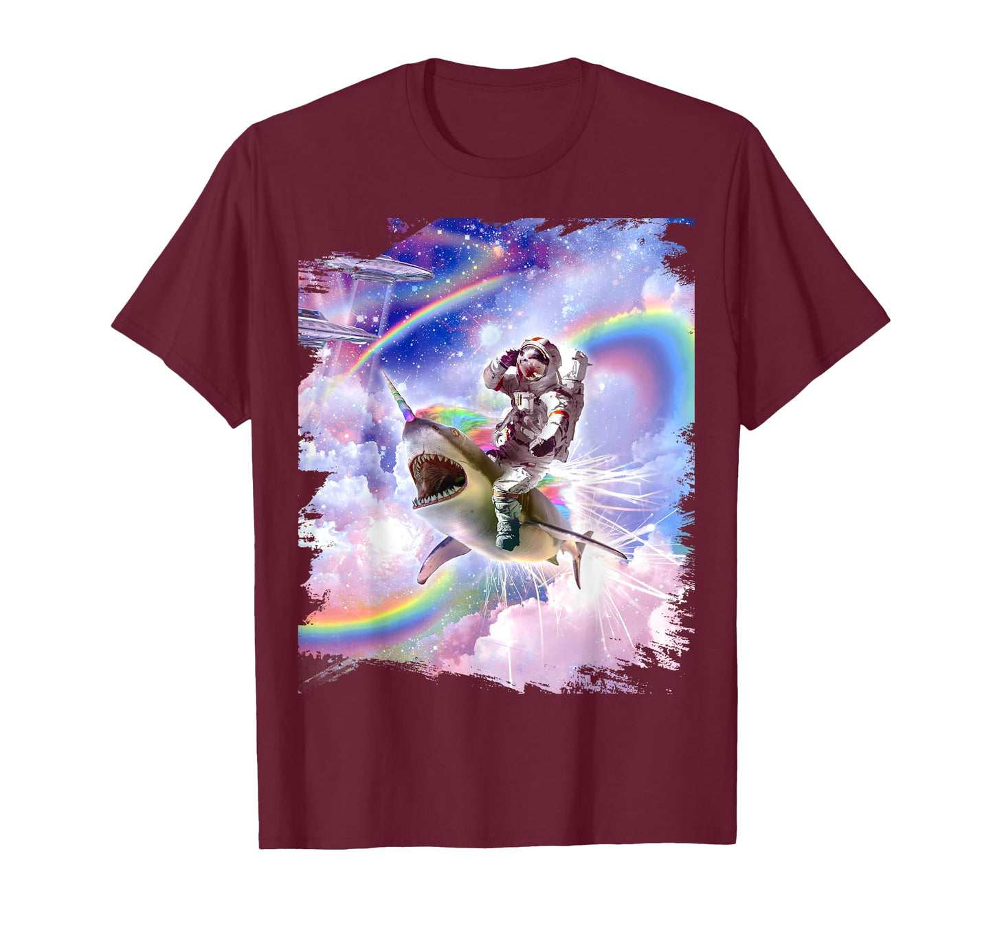 Galaxy Astronaut Cat Riding Rainbow Shark Unicorn Men Women Girls Kids T-Shirt