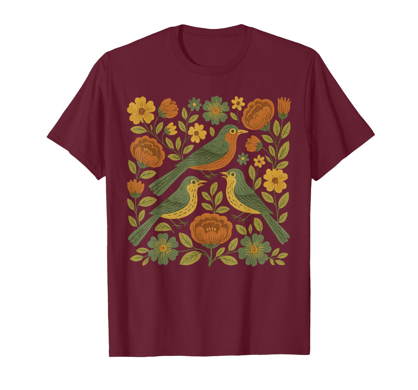 Folk Style Folk Art Bird Boho Wildflowers Botanical Bird Tee T-Shirt