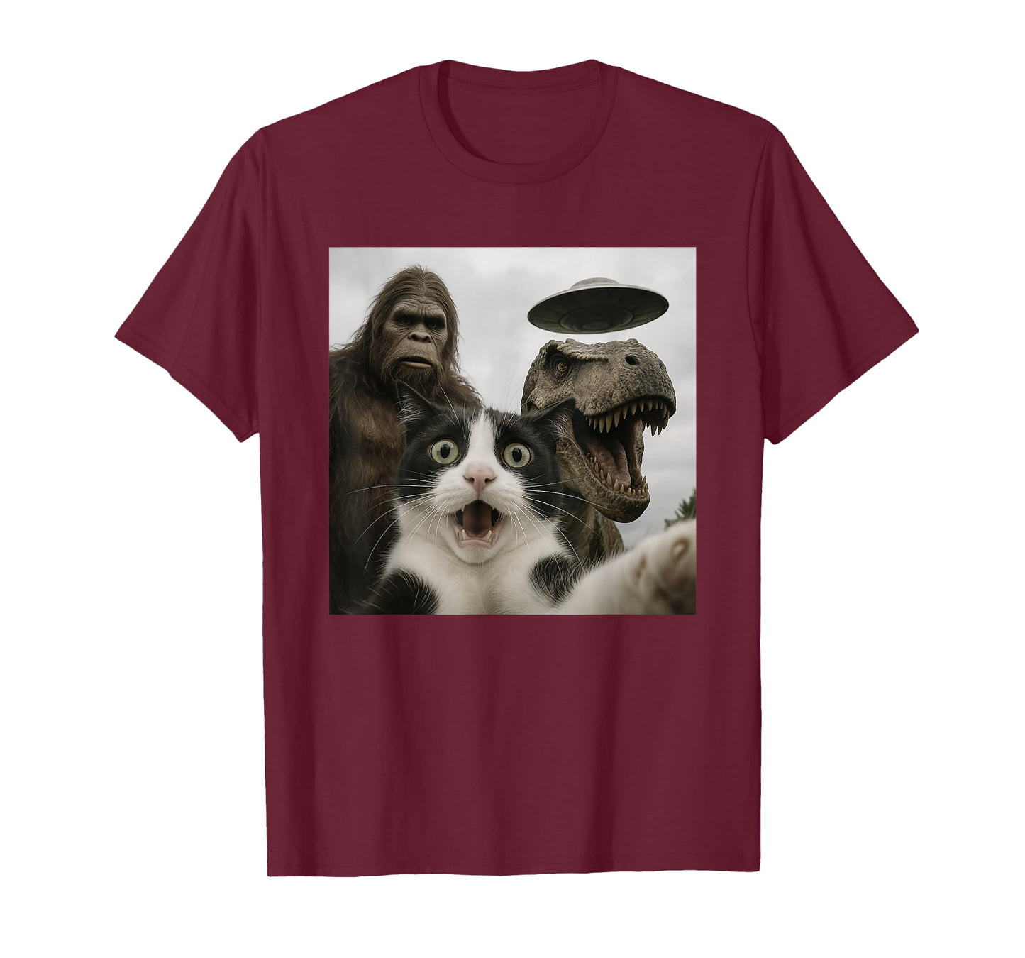 Funny Cat Selfie with Bigfoot Dinosaur UFO for Men Women T-Shirt