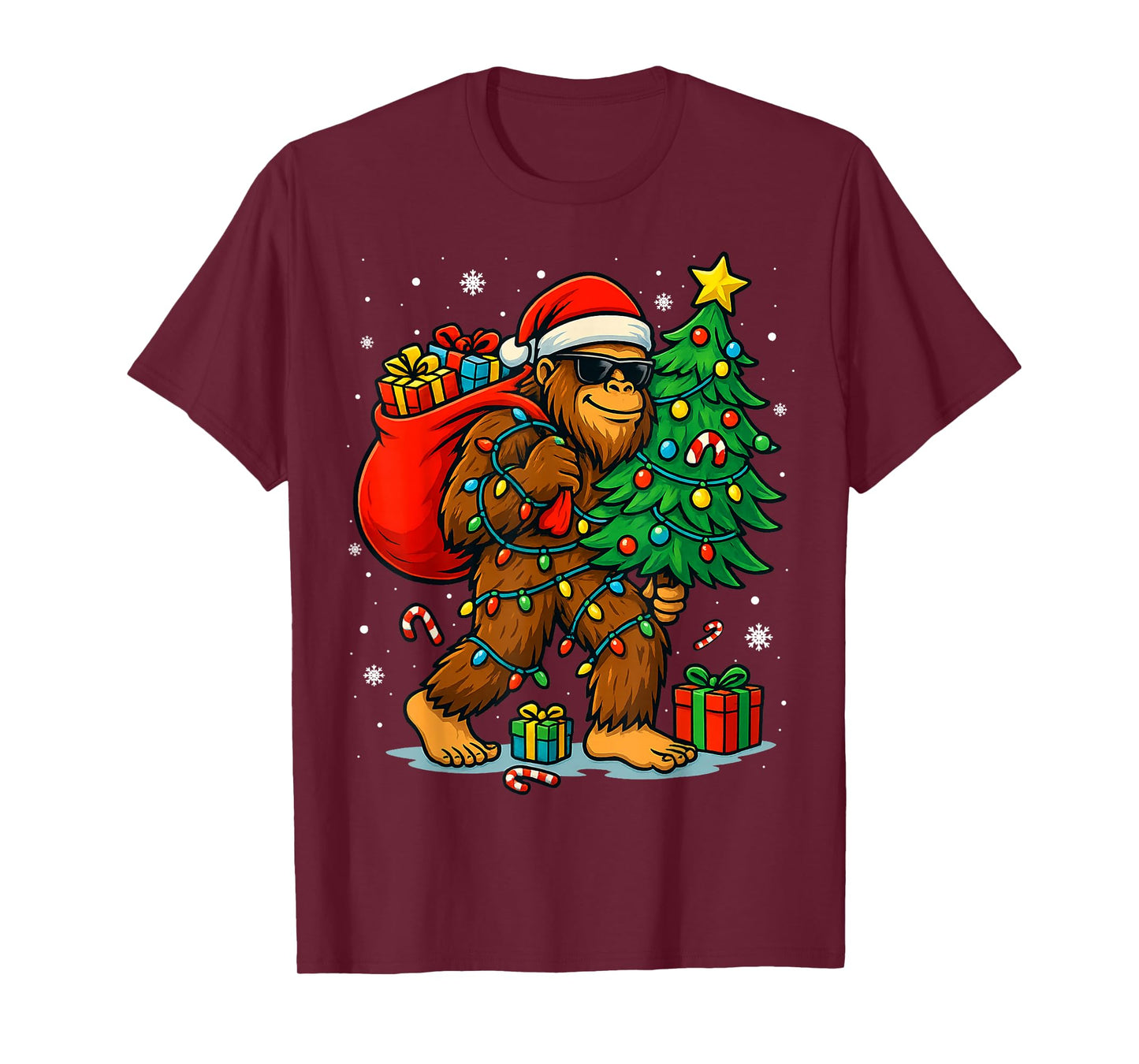 Santa Bigfoot Christmas Tree Lights Xmas Boys Men Sasquatch T-Shirt