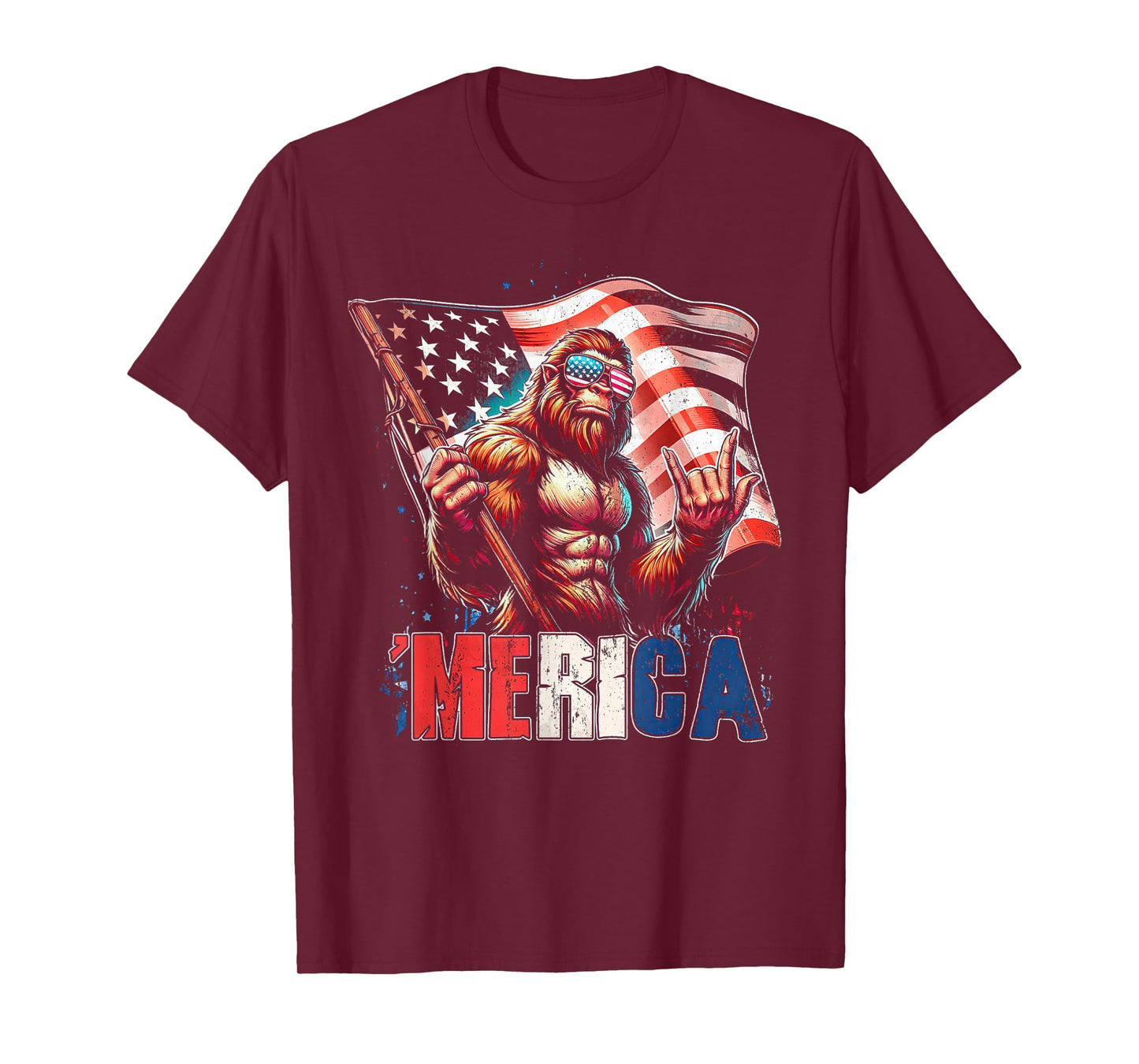 Bigfoot Merica Rock American Flag Patriotic 4th Of July T-Shirt