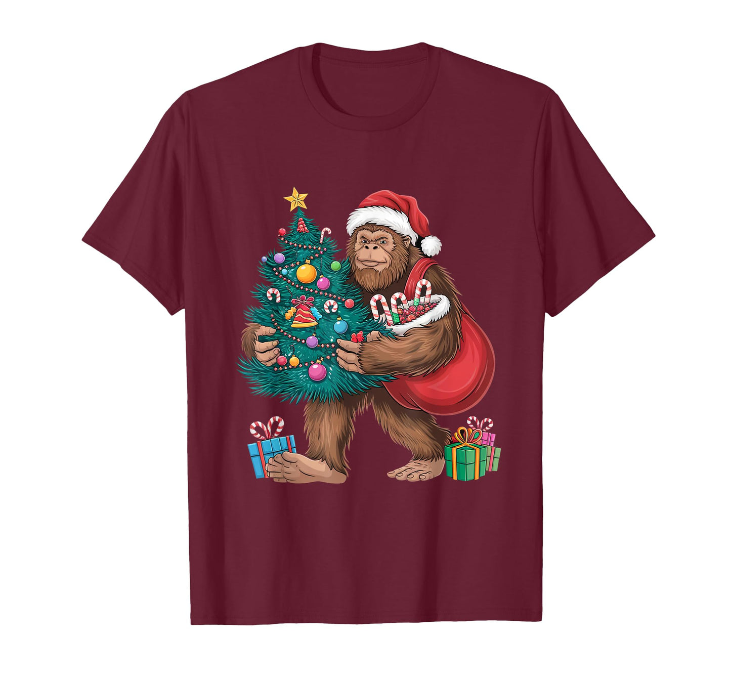 Santa Bigfoot Christmas Tree Lights Xmas Sasquatch Lovers T-Shirt