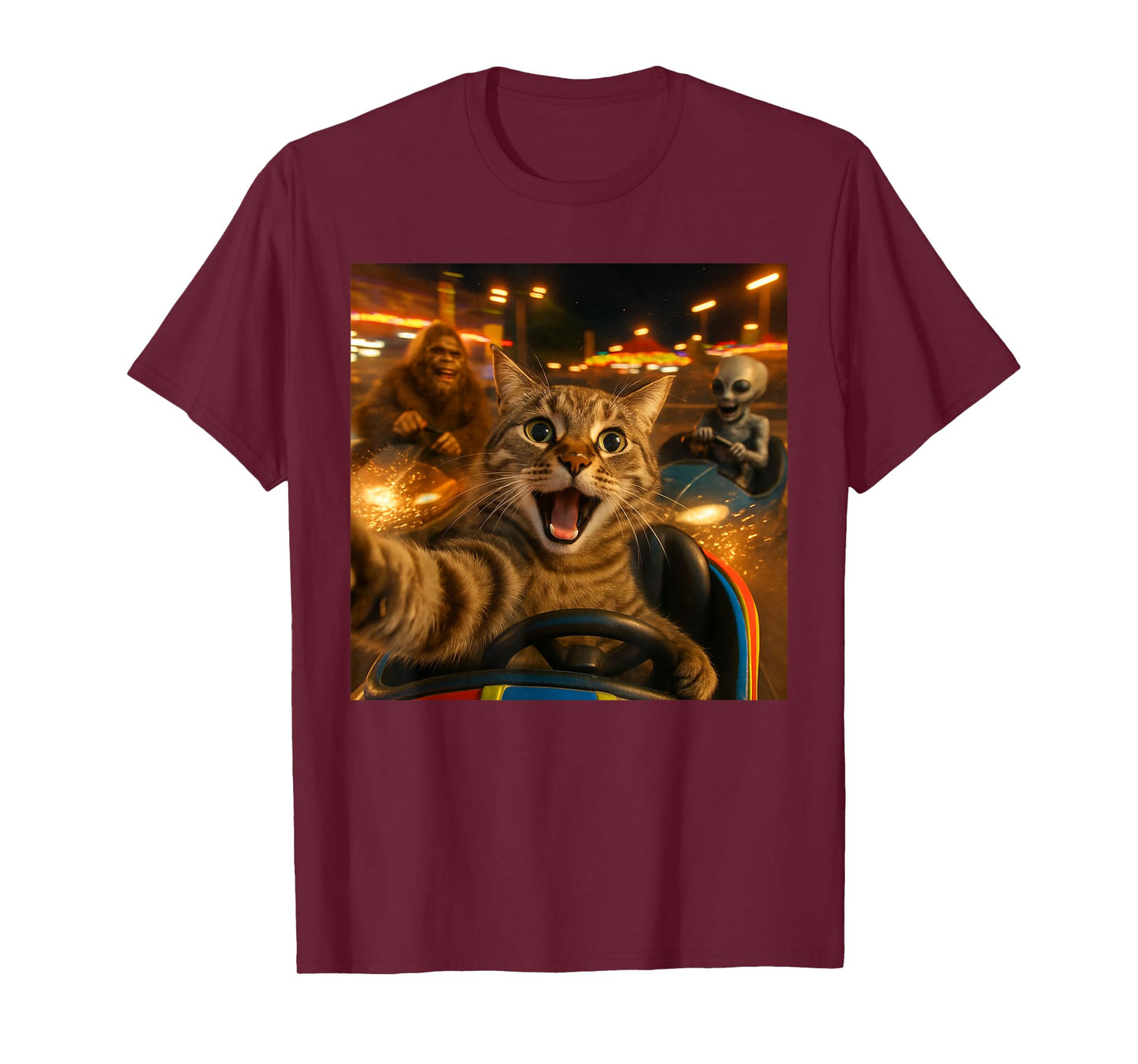 Funny Cat Selfie with Big Foot & Alien Bumper Car Meme T-Shirt