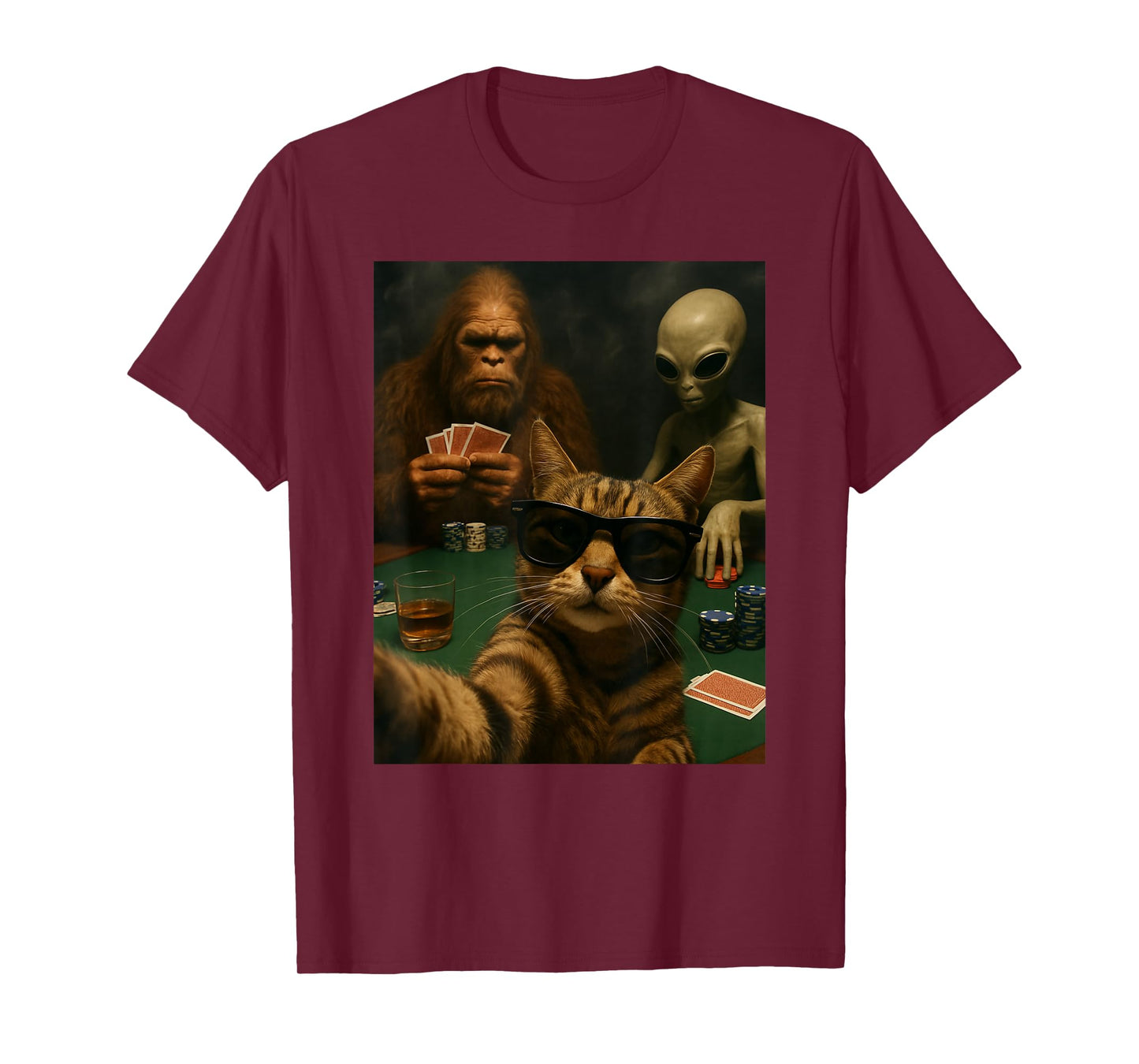 Cat Poker Selfie Bigfoot & Alien Playing Cards Funny T-Shirt
