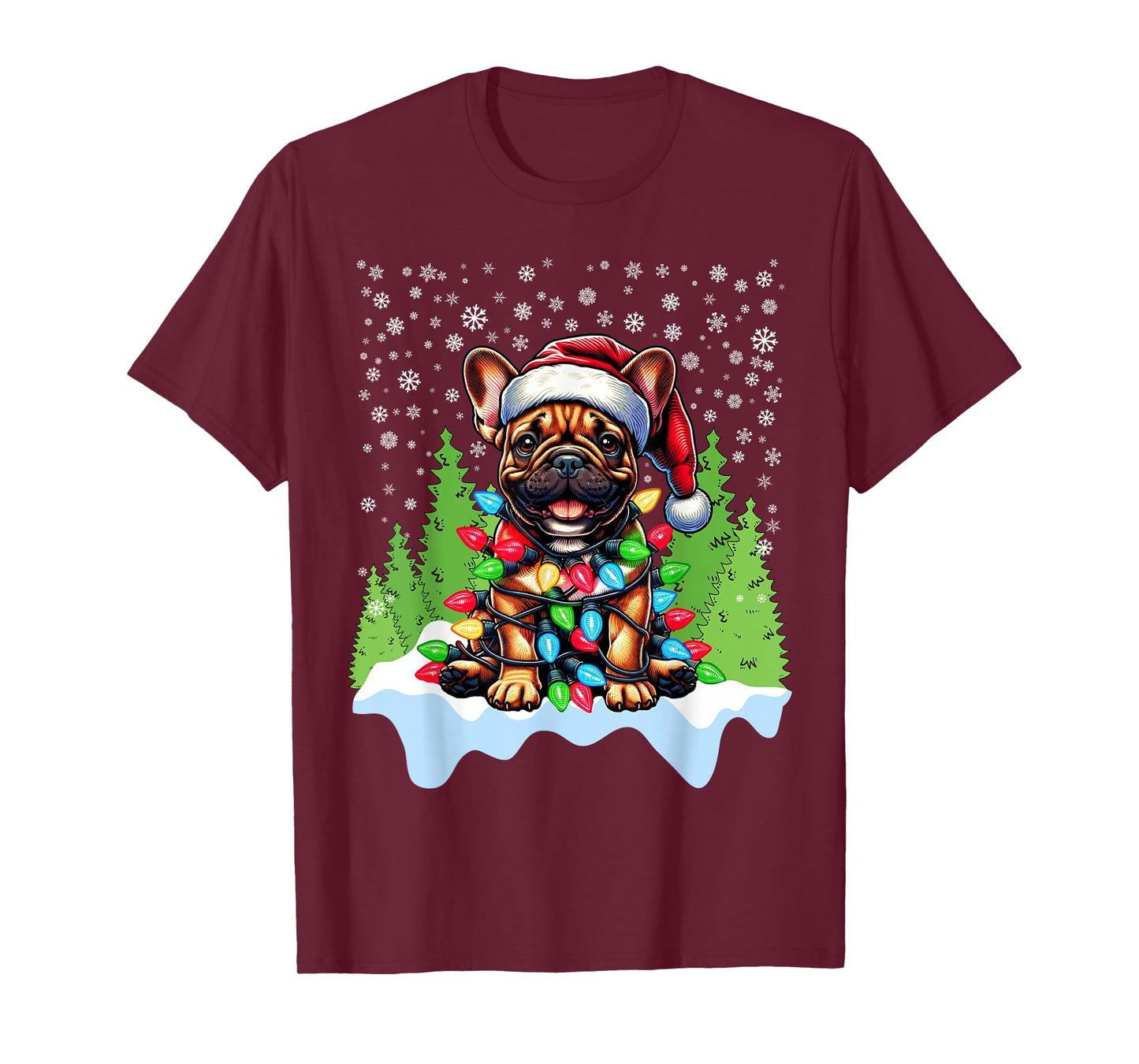 French Bulldog Christmas Santa Hat Lights Tree Snowflakes T-Shirt