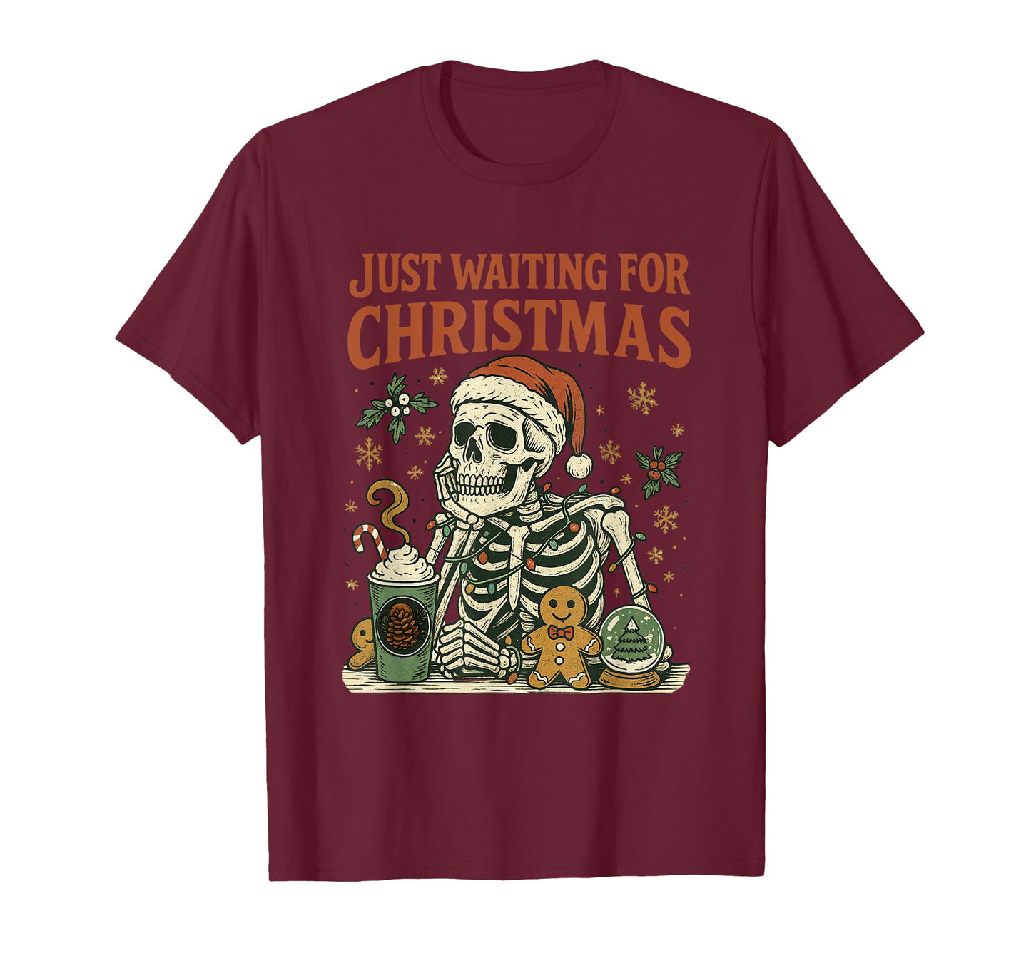 Vintage Xmas Holiday Just Waiting for Christmas Skeleton T-Shirt
