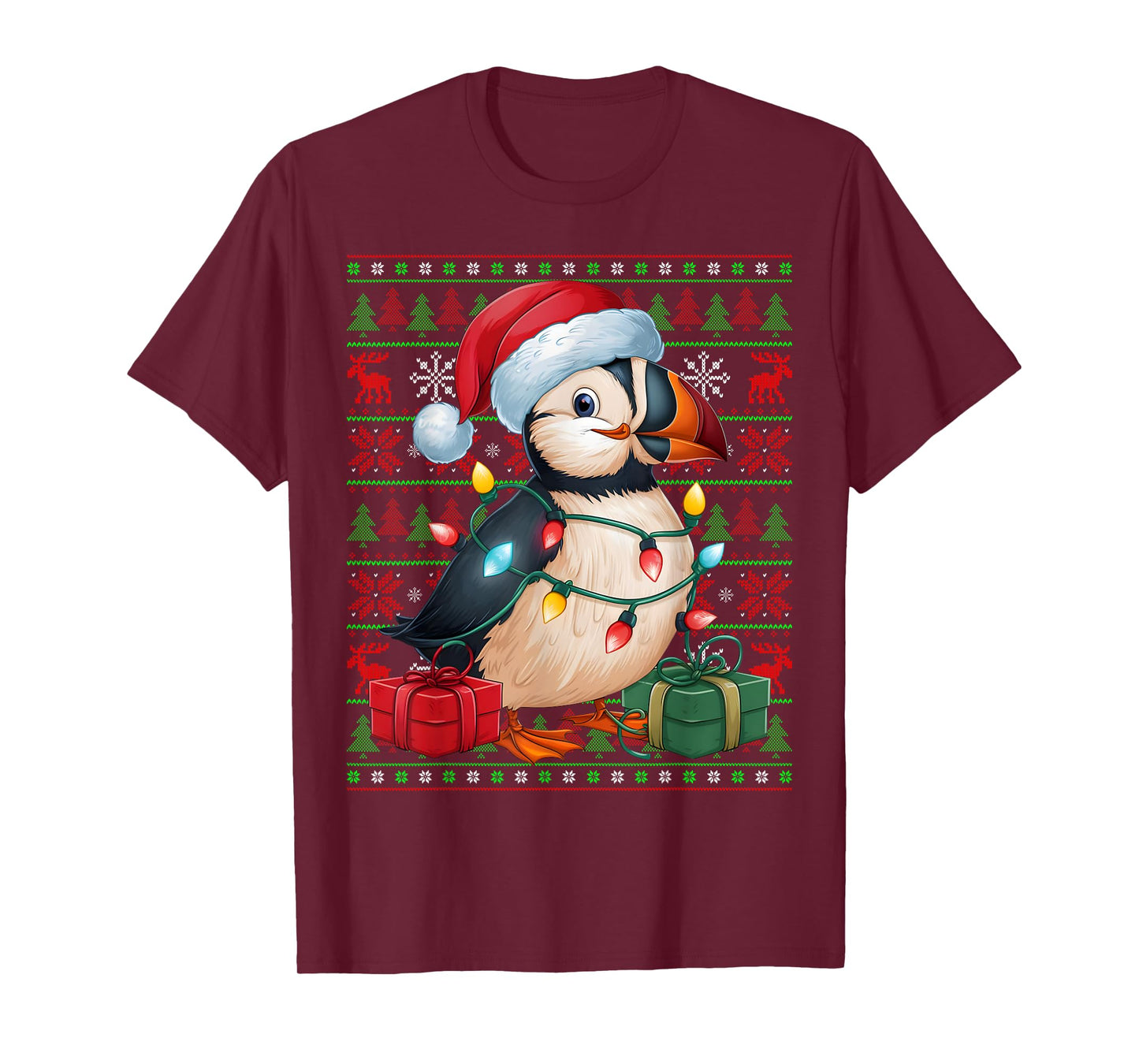 Puffin Bird Xmas Lights Ugly Santa Hat Puffin Christmas T-Shirt